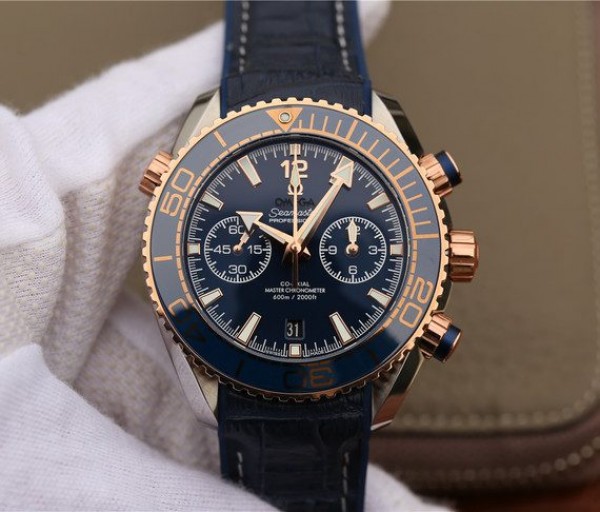 Replica Omega OMF Planet Ocean Master Chronometer SS/RG Blue Bezel Blue Dial Leather Strap A9901 - Top club