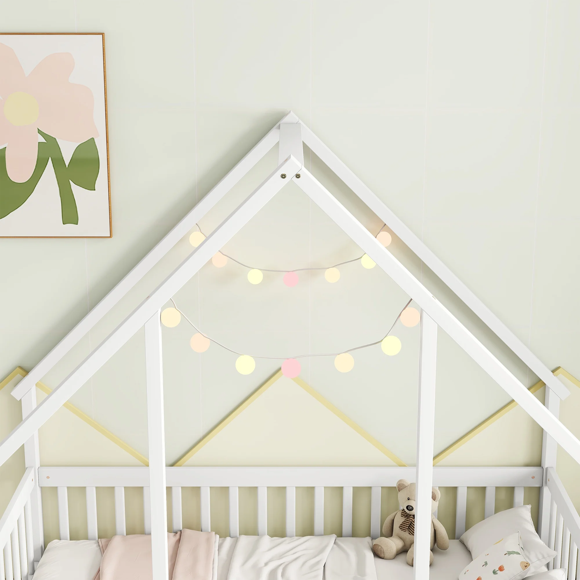 Bellemave Twin Size Floor Bed Frame, Wooden House Bed Twin Size with Fence, Montessori Bed with Guardrails for Bedroom (White) - Image 13