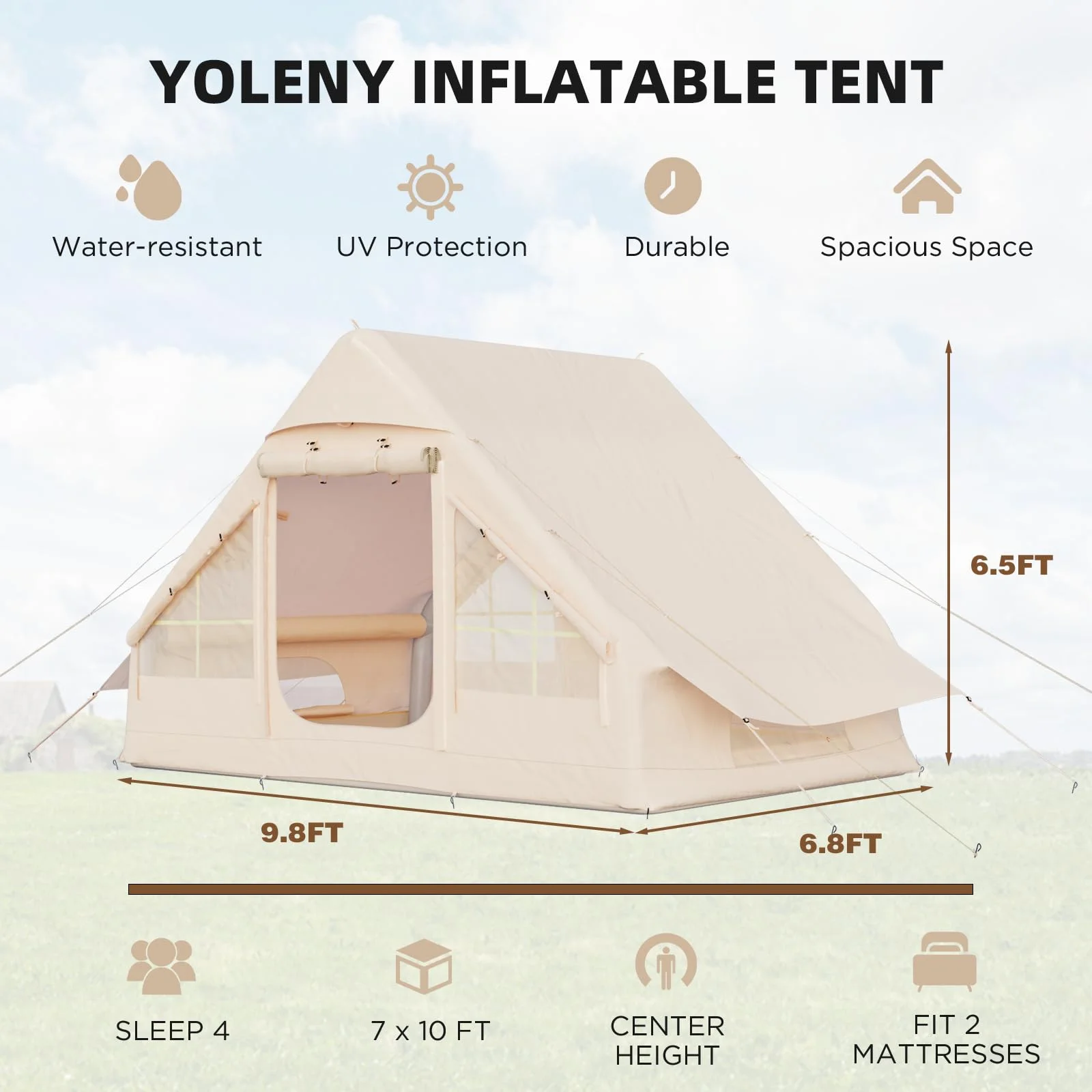 Yoleny 12'x8' Inflatable Tent, 96 SFT Blow Up Tent for Camping, 4 Season Oxford Glamping Tents with Clear Skylight, Pump & Stove Jack - Image 27