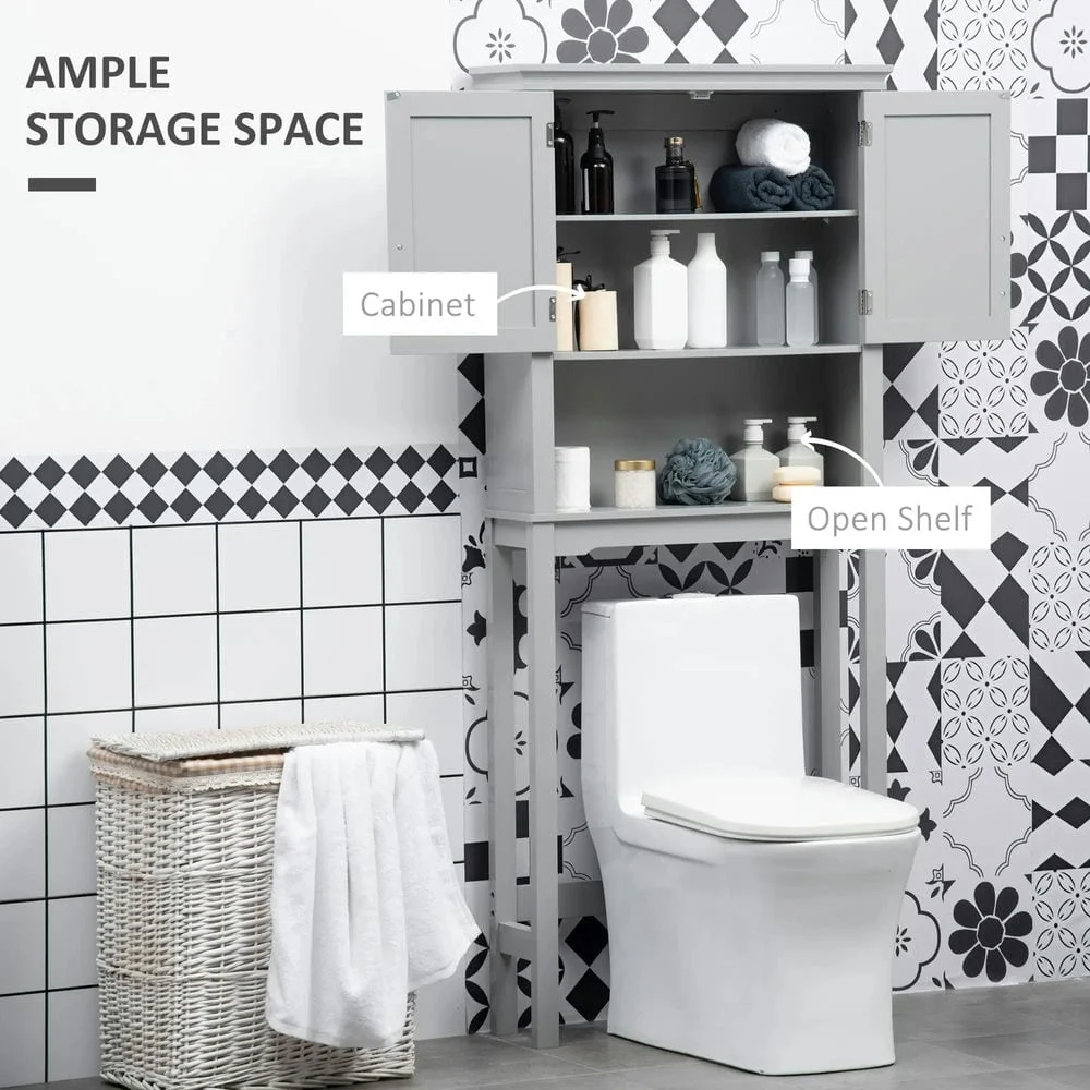 Kepooman Toilet Storage Cabinet, Toilet Organizer Cabinet,Modern Over The Toilet Storage Cabinet, Double Door Bathroom Organizer with Open Shelf, Grey