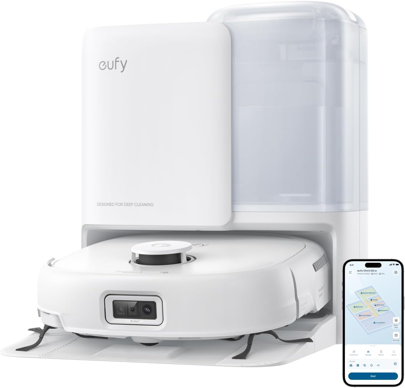 eufy Robot Vacuum E25, HydroJet System with Roller Mop, 20,000 Pa Turbo Suction, All-in-One Robot Vacuum and Mop Combo, Edge-to-Corner Cleaning, Zero-Tangle Design, AI Obstacle Avoidanced, White