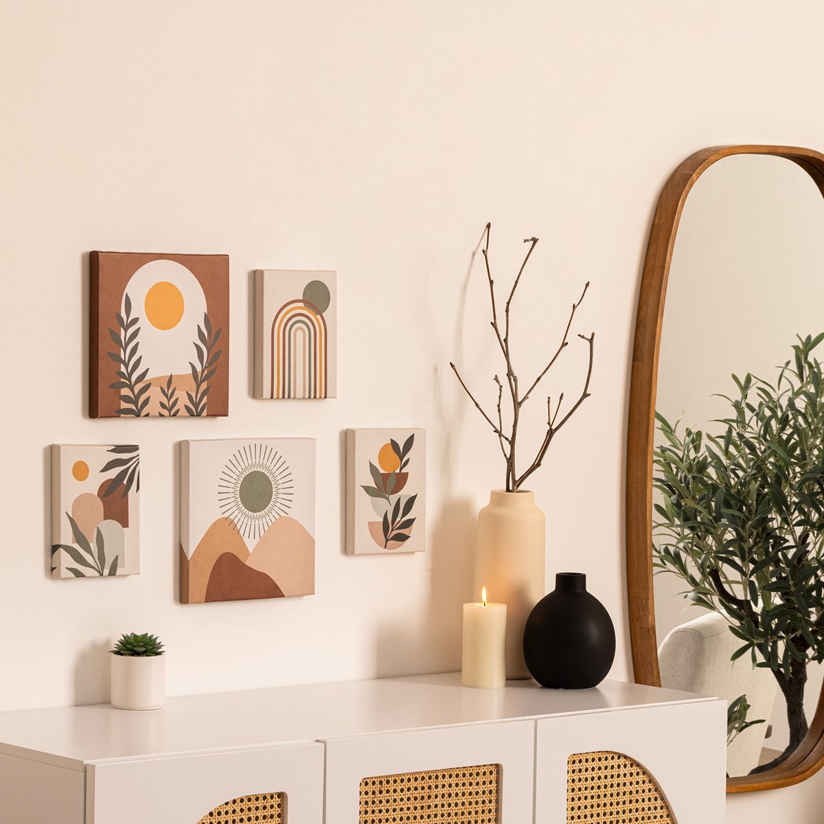 Set of 5 printed canvases "Cynthia" Beige, 15x20/25x25 cm