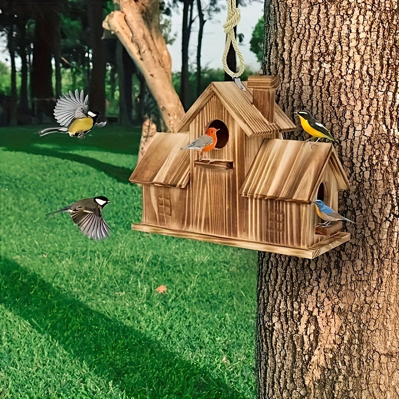 Rustiek Houten Vogelhuisje met Meerdere Nesten en Ruim Voederplatform