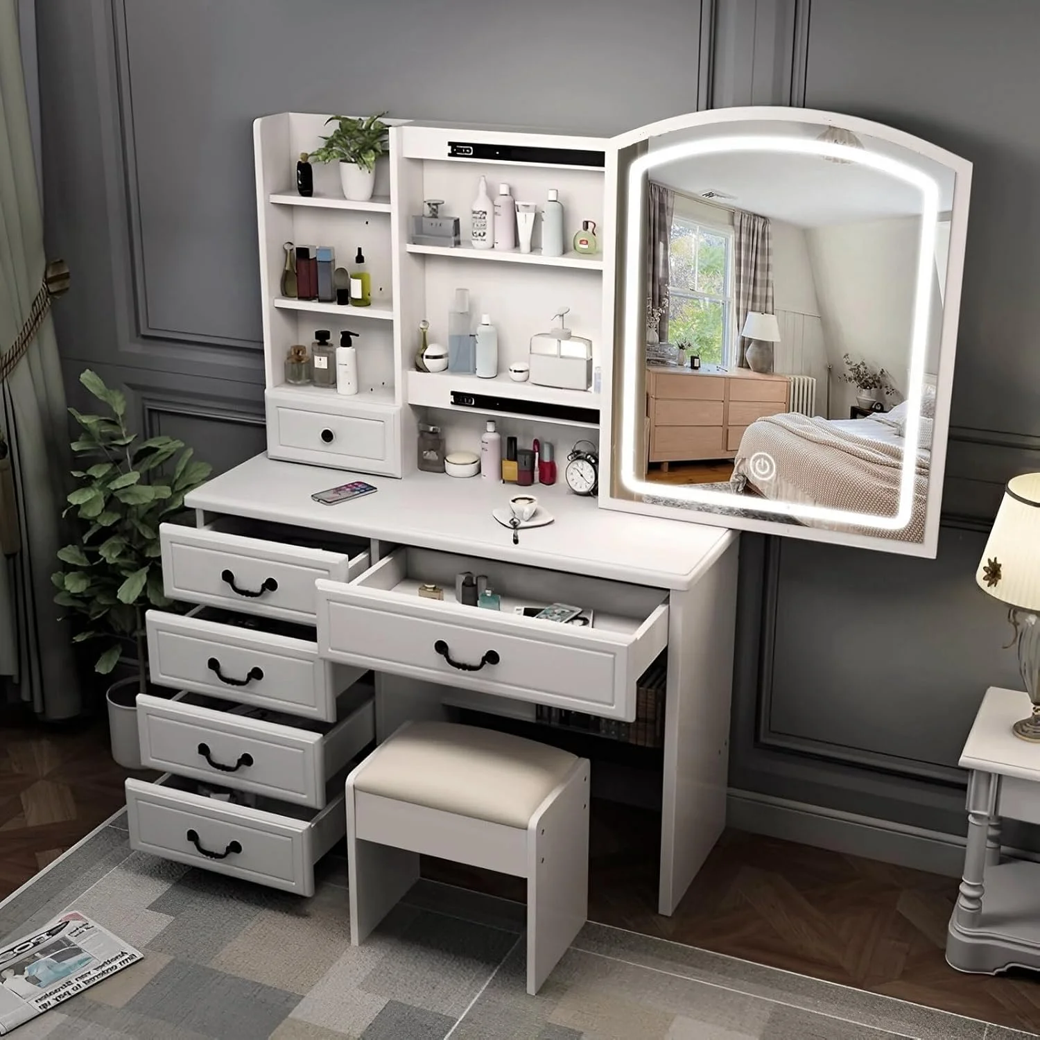 Montary Modern Mini Vanity w/Adjustable LED Mirror + Hidden Storage, Padded Stool & Dustproof Shelves (White) - Image 152
