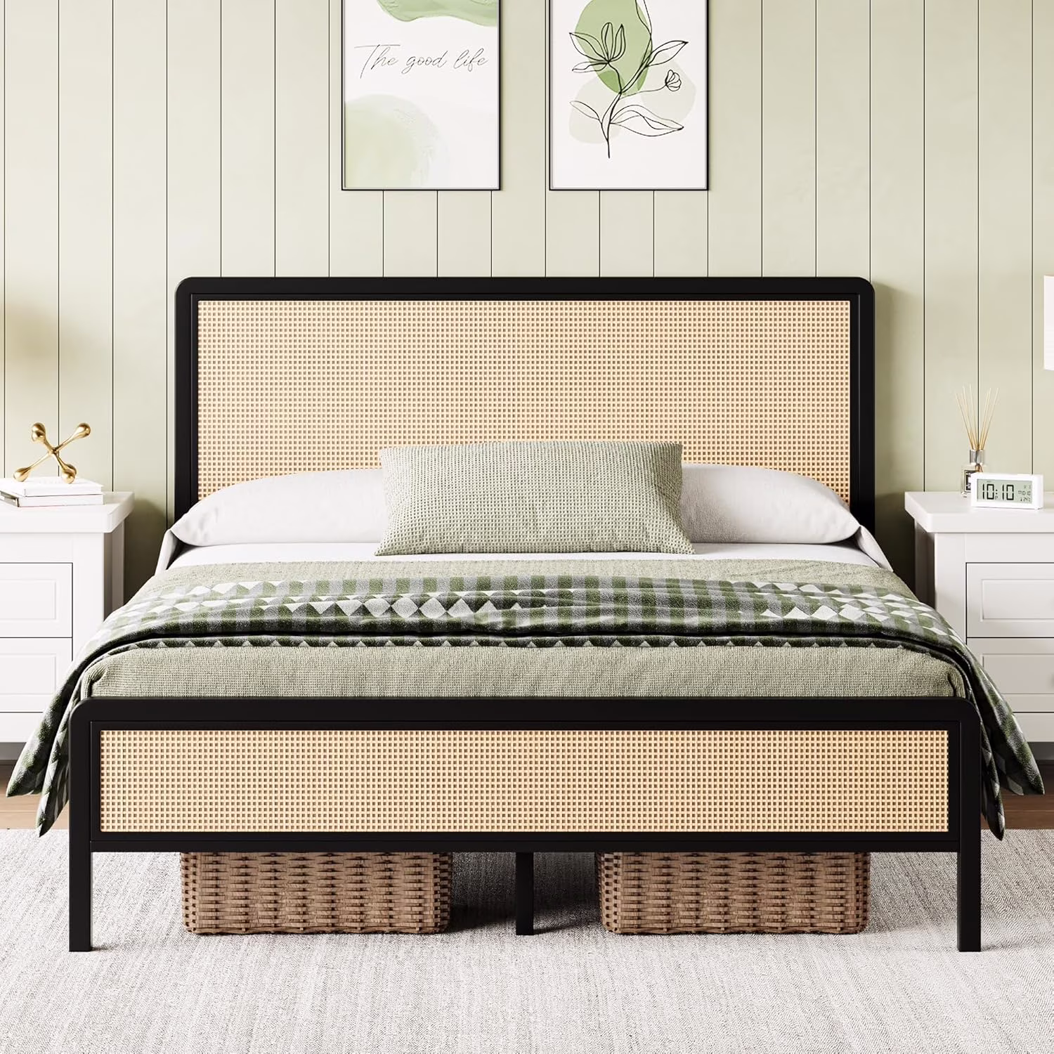 4 EVER WINNER Queen Size Bed Frame, Rattan Bed Frame with Natural Rattan Headboard and Footboard, No Box Spring Needed, Black