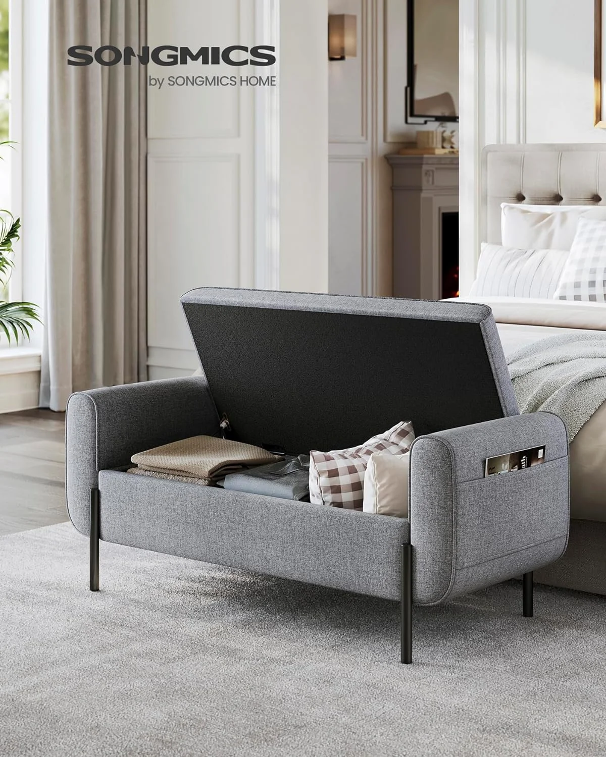 SONGMICS 46.5" Storage Ottoman Bench Storage Bench Bedroom Bench 330lb Load Capacity Solid Wood Legs Light Gray - Image 20