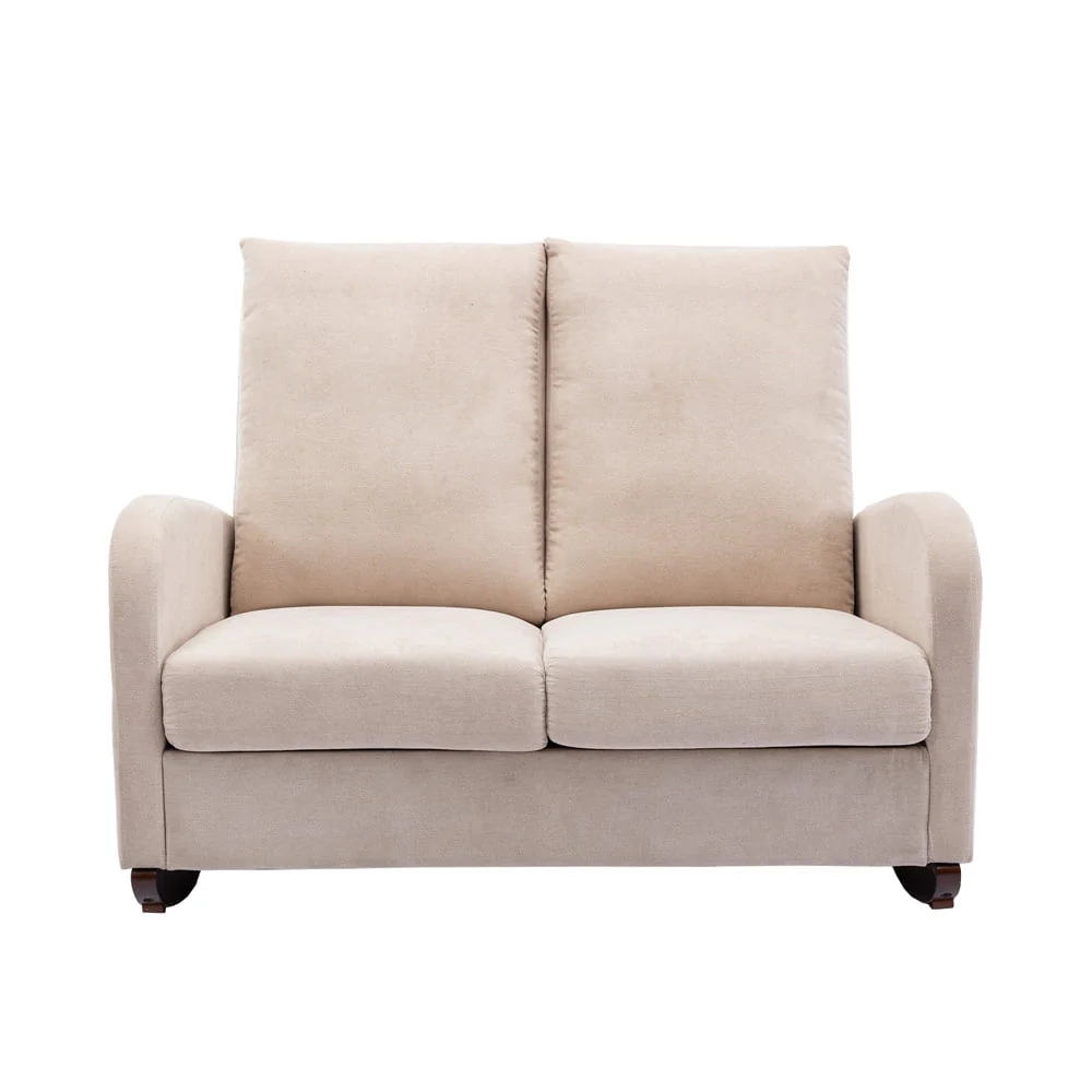 Modern Double Rocking Chair, Upholstered Oversized Glider Rocker for Baby Nursery and Kids, Loveseat Accent Armchair with High Back and Side Pocket, Extra Wide Lounge Chair for Living Room, Beige