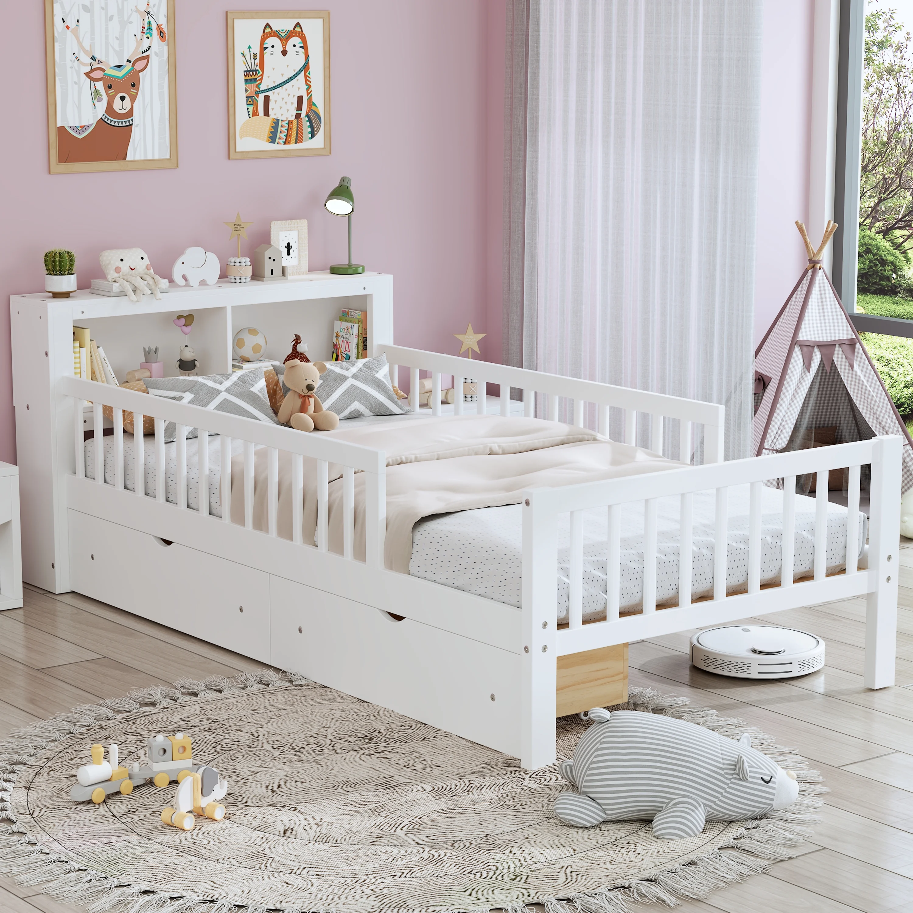 Euroco Wood Twin Size Platform Bed with Storage Headboard and Drawers, Low Profile Bed with Guardrails for Kids and Toddlers, White