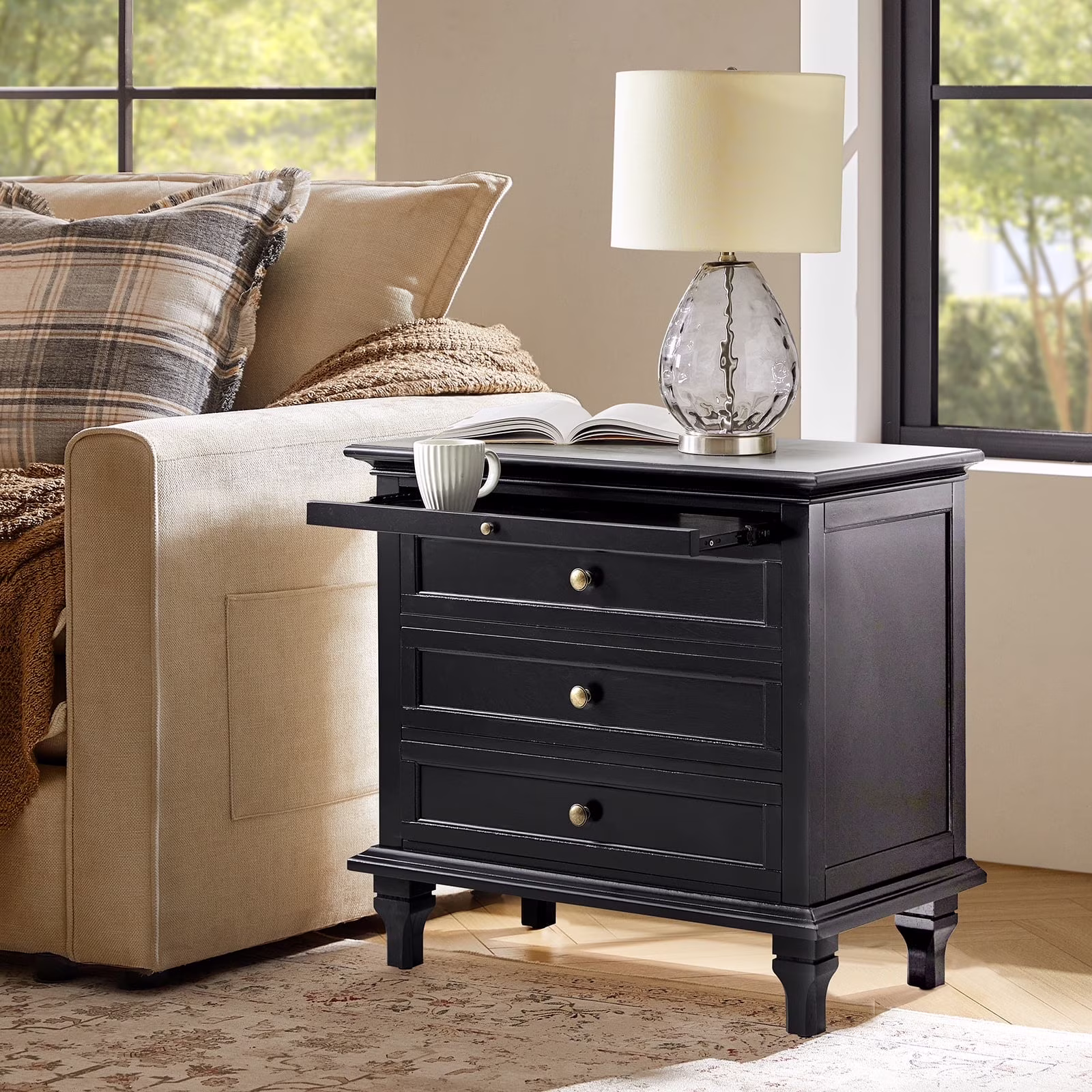 Farmhouse 3 Drawers Nightstand with Tray Bedside Table with Charging Station Acorn - Image 11