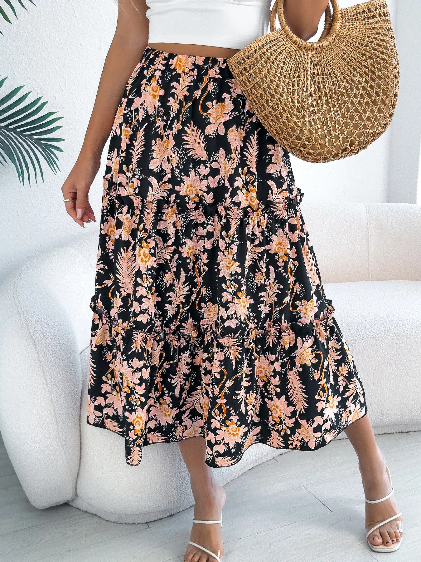 Floral Print Ruffle Hem Flowy Midi Skirt - ZKZOOK