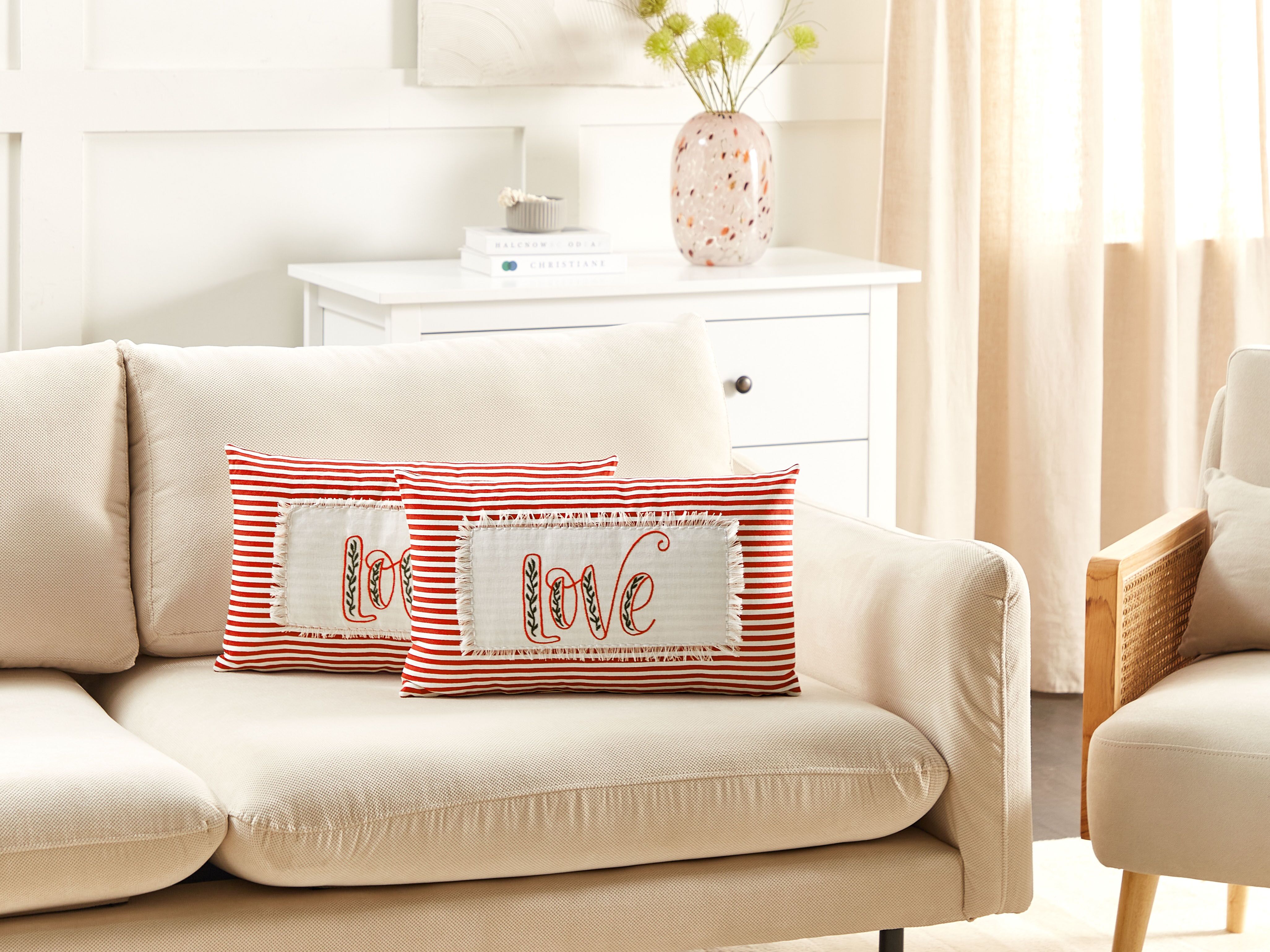 Set of 2 Decorative Cushions ALSINE Cotton 30 x 50 cm Red Striped