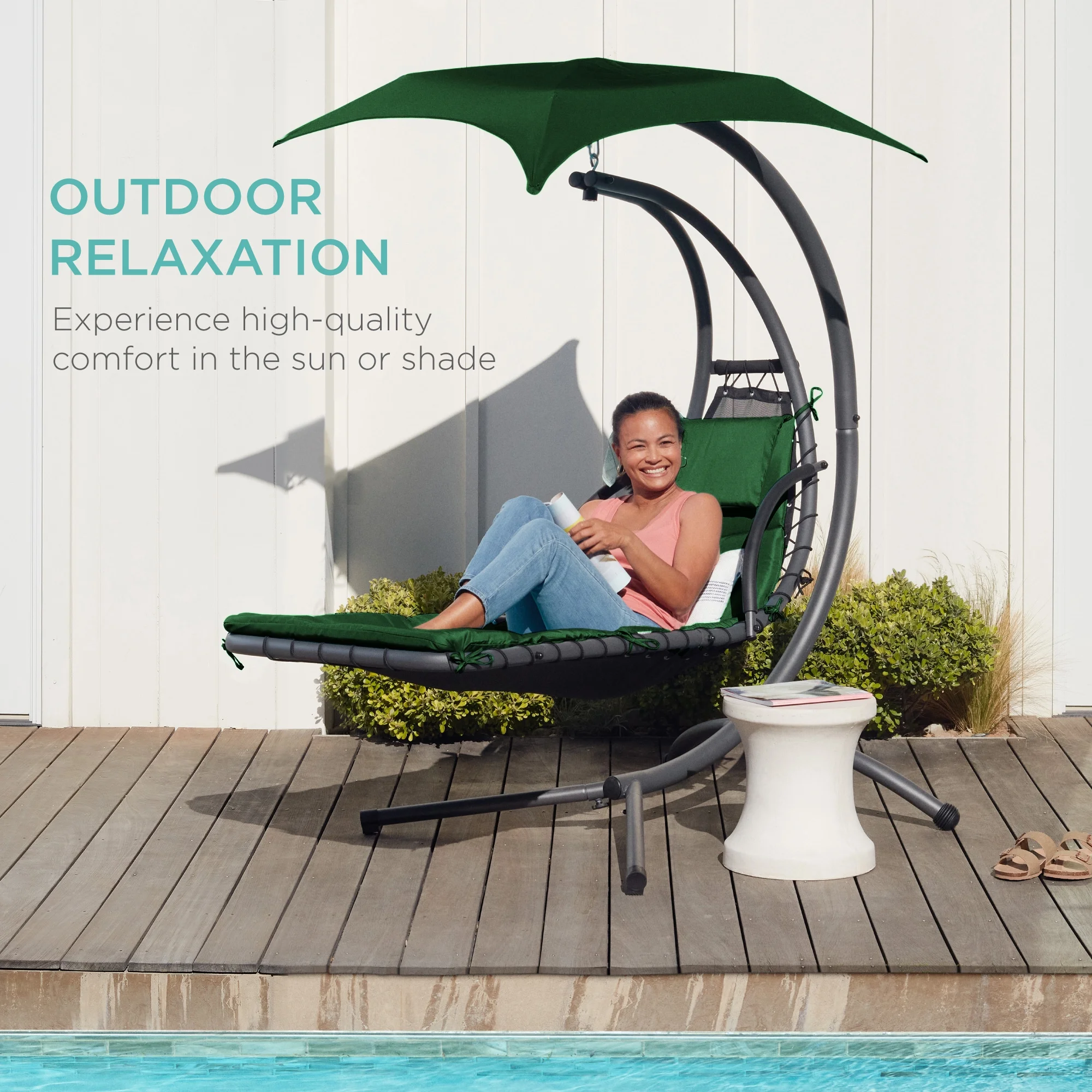 Best Choice Products Hanging Curved Chaise Lounge Chair Swing for Backyard, Patio w/ Pillow, Shade, Stand - Teal - Image 118