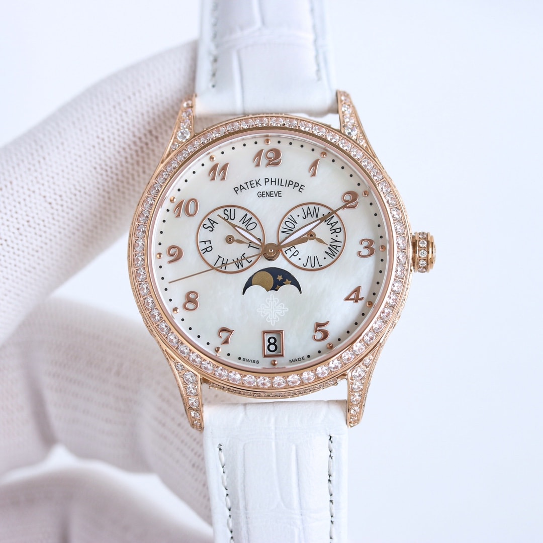 Fake Diamond Watch Patek Philippe Replica 4937R-001 Complications Ladies Annual Calendar Moon Phase 37mm White Mother of Pearl Arabic Rose Gold Diamond Set Leather Date(1:1 replica) - Elite Watch Atelier