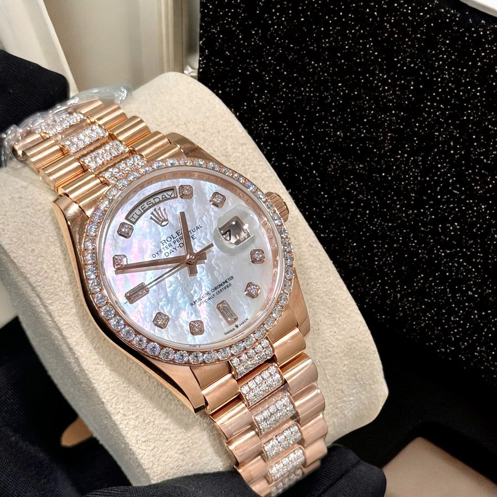 Rolex Day-Date Replica Watch Gold Wrapped Moissanite Diamonds Hong Kong 36mm - Elite Watch Atelier