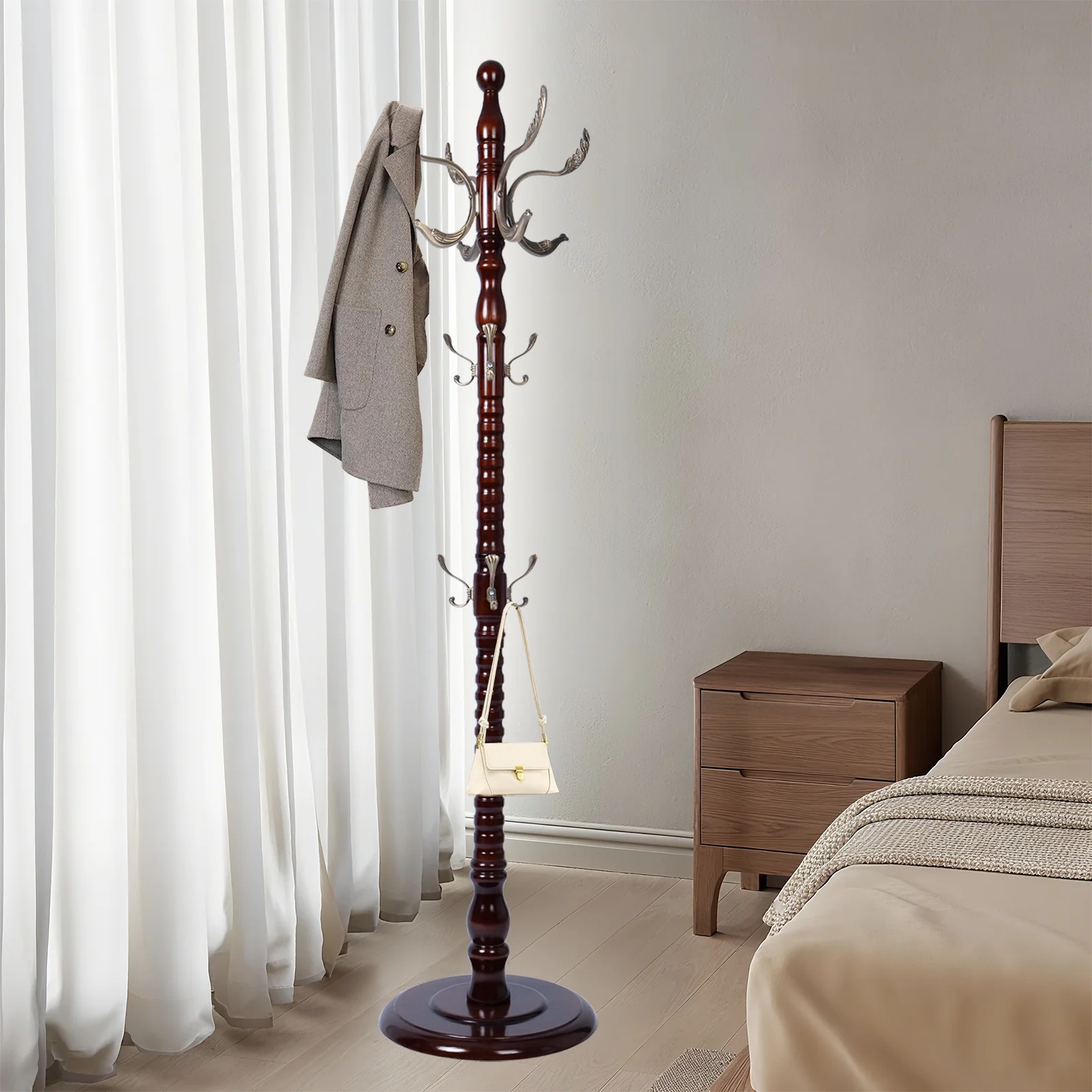 Coat Rack Freestanding, Hall Tree with 11 Hooks, Heavy Duty Wooden Coat Tree Stand, Adjustable Height, Sturdy Base for Bedroom Hallway Office - Load 270lbs - Image 28