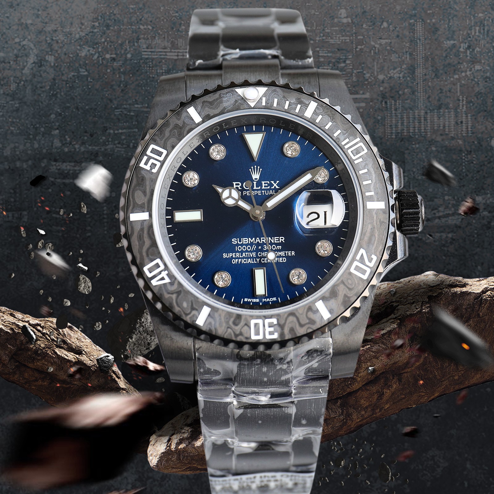 ROLEX Rolex Customized Submariner-Diamond Dial-Carbon Fiber Bezel-Black Blue(1:1 replica) - Elite Watch Atelier