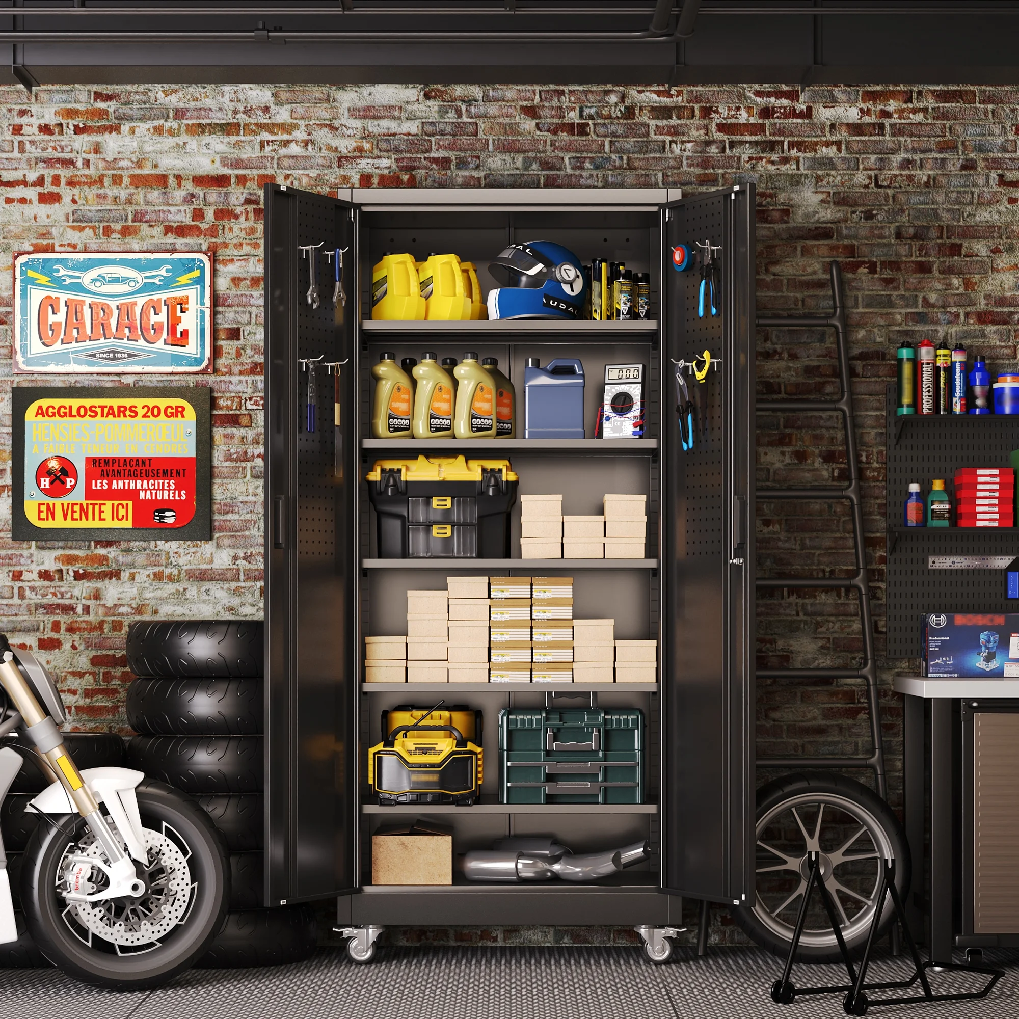 GangMei 71 inches Tall Metal Rolling Garage Storage Cabinets with Locking Doors and 5 Adjustable Shelves, Metal Storage Cabinet for Garage, Office, Home, Classroom, Assemble Required(Black) - Image 6