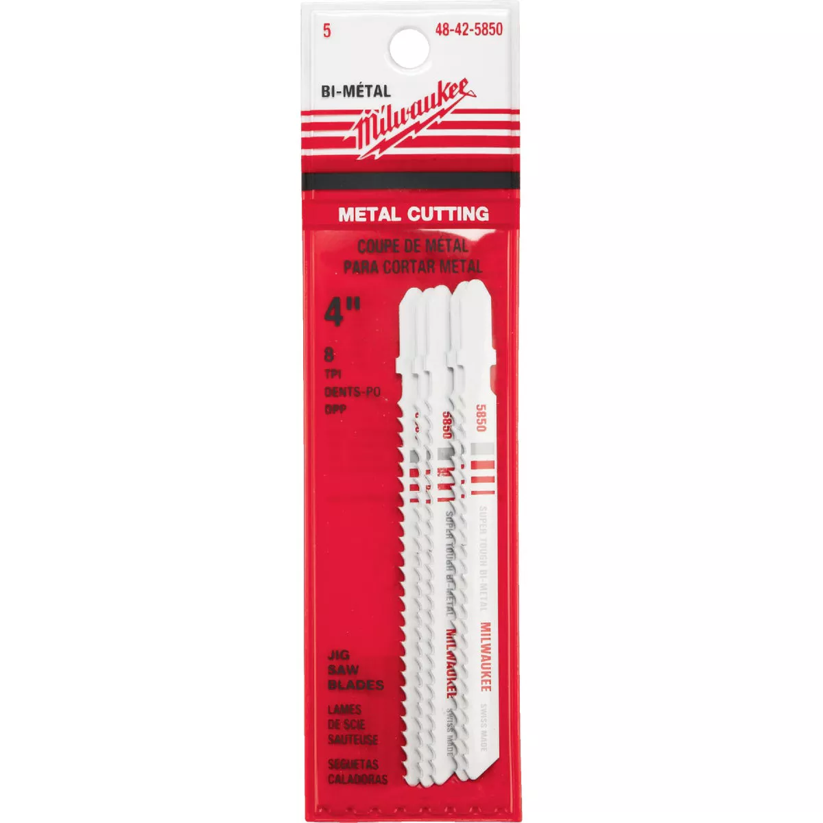 Milwaukee T-Shank 4 In. x 8 TPI Bi-Metal Jig Saw Blade, Metal Cutting (5-Pack)