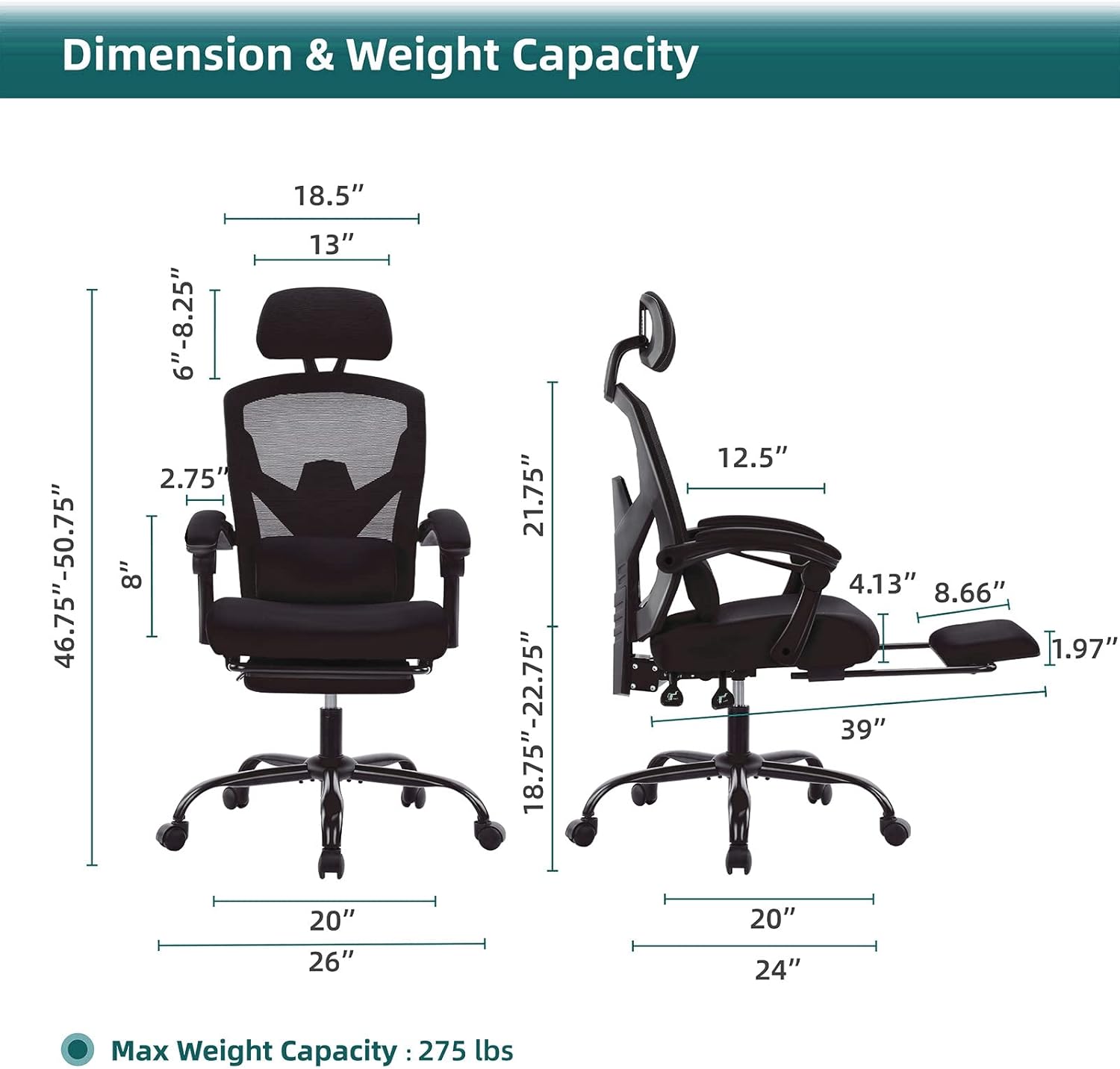 DUMOS Home Office Desk Chair with Footrest, High-Back Mesh Rolling Swivel Reclining Chairs with Wheels, Comfortable Headrest, Lumbar Support, Comfy Arms for Home, Office, Gaming, Student, Inky