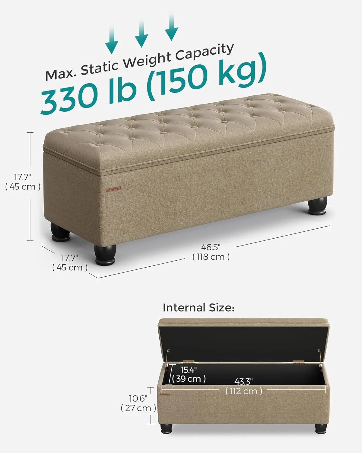 SONGMICS 46.5" Storage Ottoman Bench Storage Bench Bedroom Bench 330lb Load Capacity Solid Wood Legs Light Gray - Image 63
