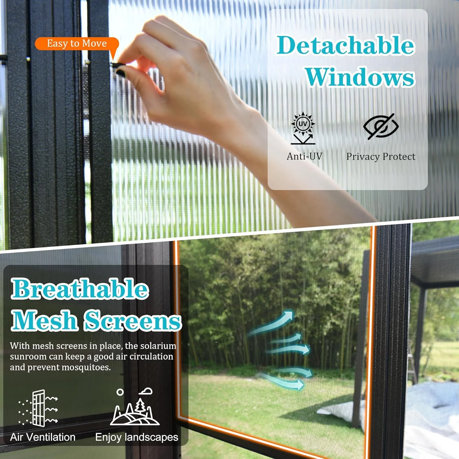 TOTAL Outdoor 10'x12' All-Season Sunroom Gazebo with Steel Roof, PVC Screen, Front & Side Door, Brown - Image 25