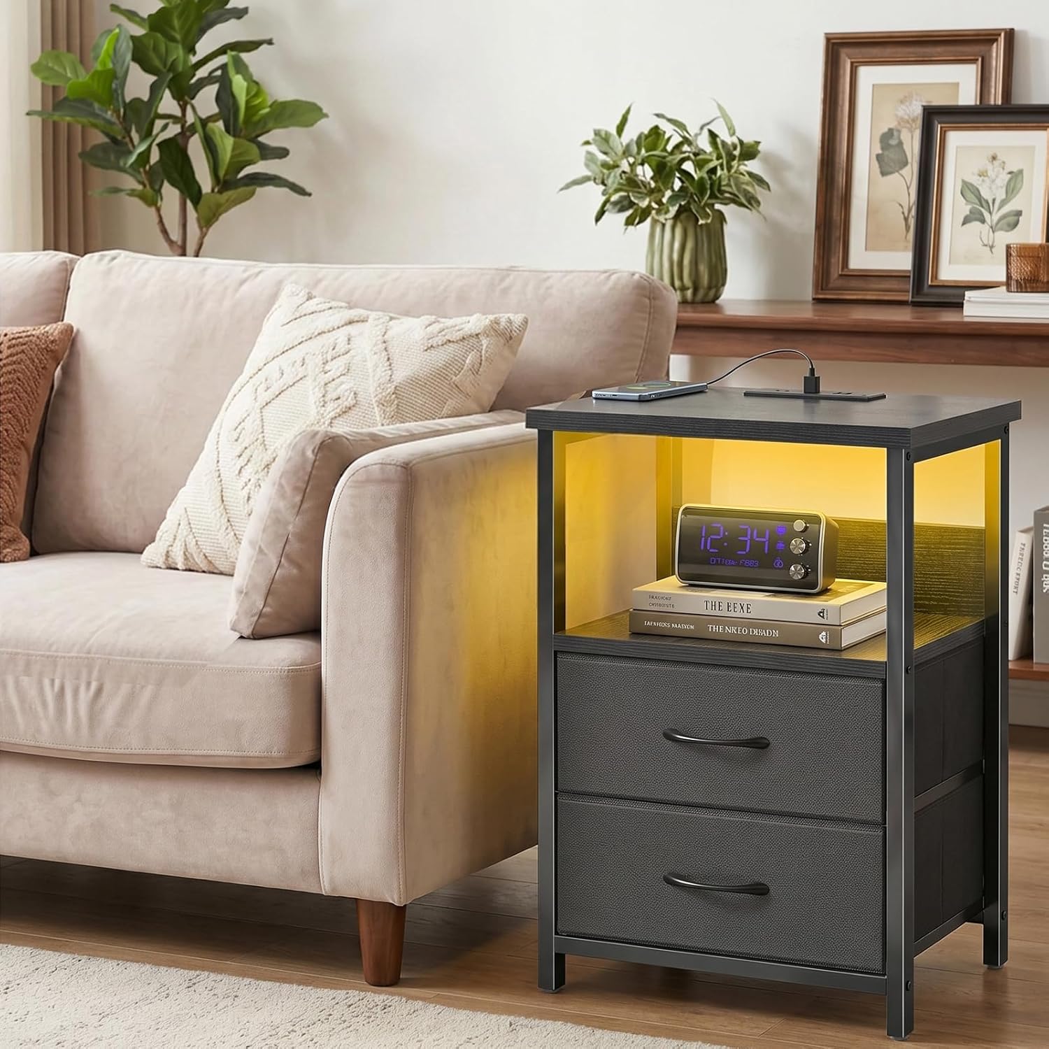 Black Nightstand Set of 2 with Charging Station, RGB LED & 2 Fabric Drawers - Image 7 Black Nightstand Set of 2 with Charging Station, RGB LED & 2 Fabric Drawers - Image 7