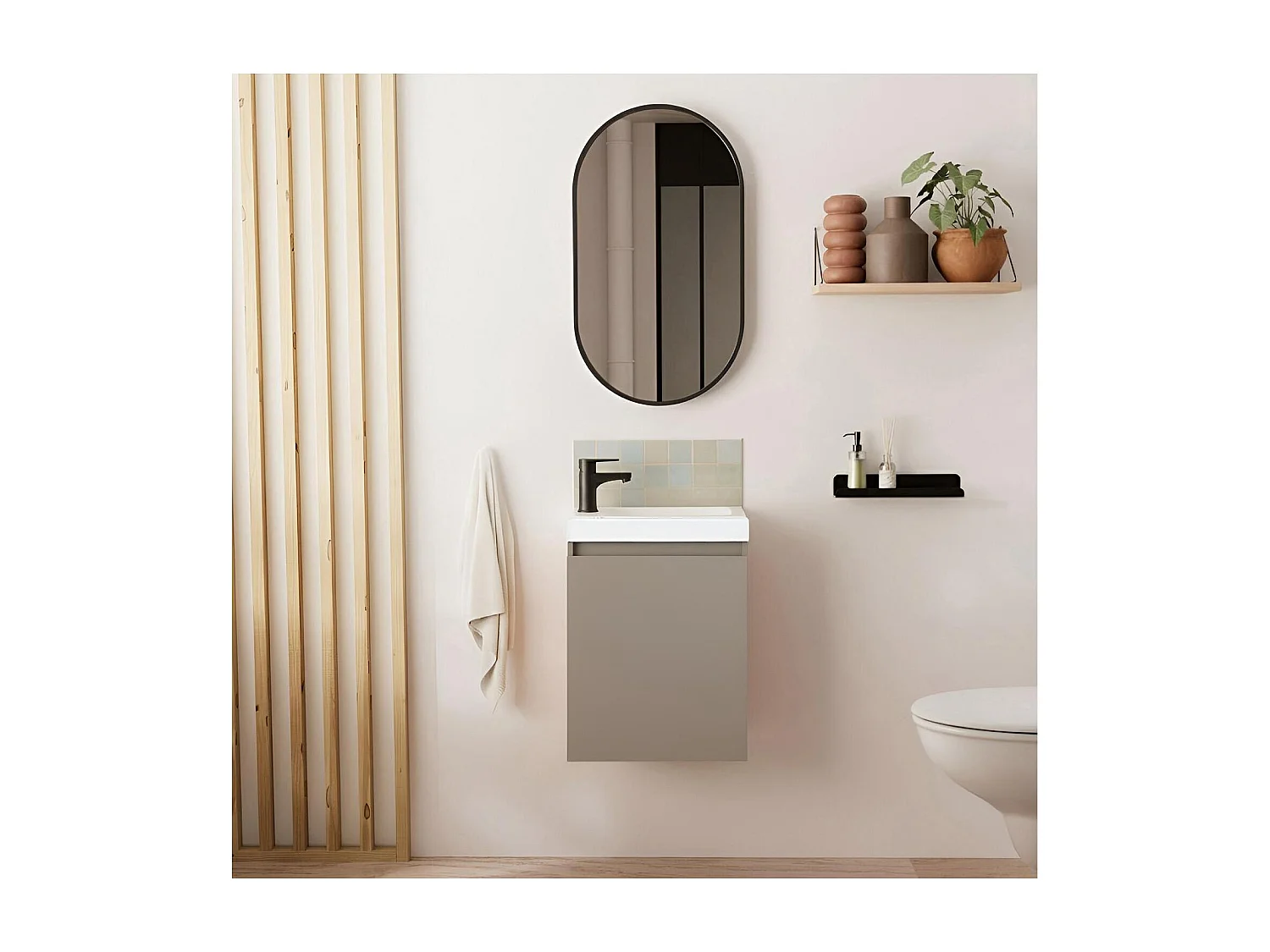 Meuble lave-mains LISA + robinet noir + miroir ovale
