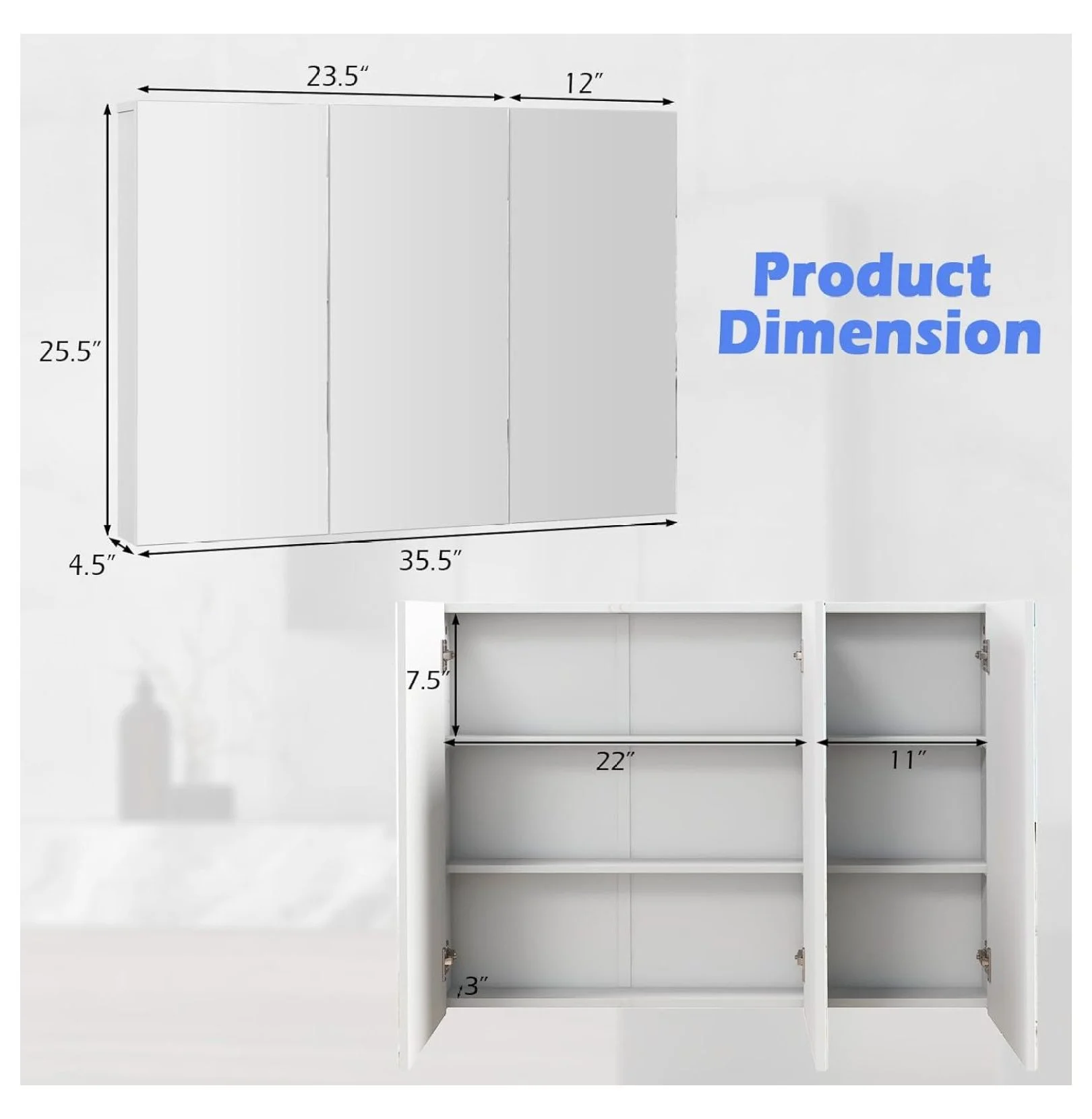 Mirrored Medicine Cabinet, Large Wide Wall Mounted Storage Cabinet with 3 Mirror Doors & Adjustable Shelf, 36 x 4.5 x 25.5 Inch, Bathroom Mirror Medicine Cabinet (36 x 25.5 Inch)