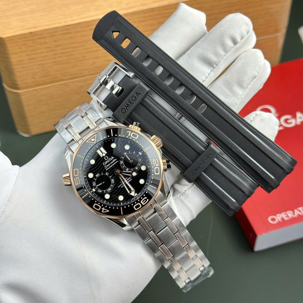 Omega Dial Black Copies Watches Seamaster Diver 300M Chronograph Demi Rose Gold N1 Factory 44mm - Elite Watch Atelier