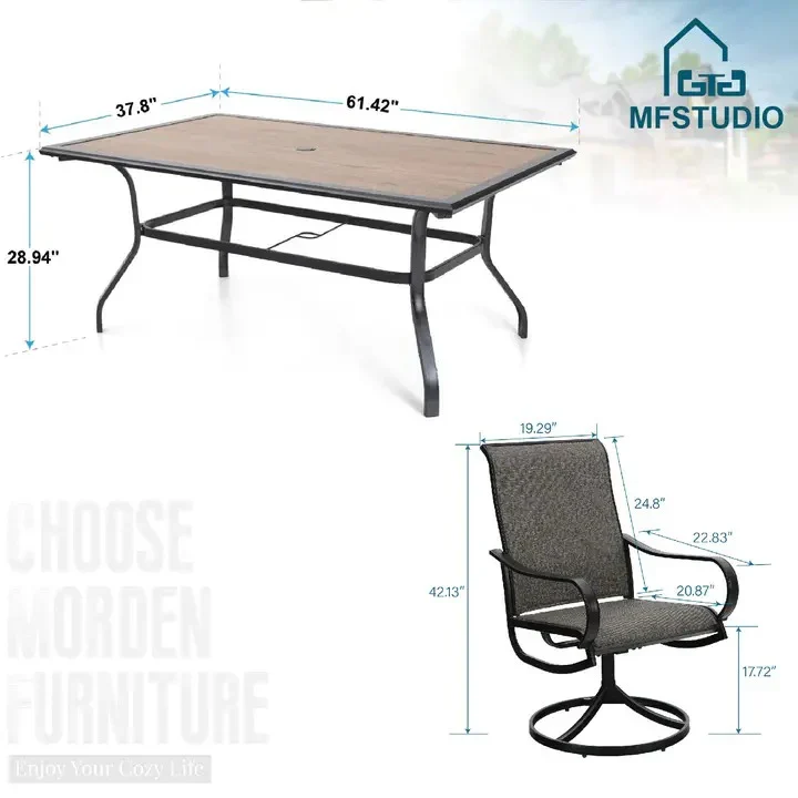 Patio Dining Set With Umbrella And 6 Sling Dining Swivel Chairs, 8-Piece - 60 x 37.4 x 28 Inches - Image 5 Patio Dining Set With Umbrella And 6 Sling Dining Swivel Chairs, 8-Piece - 60 x 37.4 x 28 Inches - Image 5