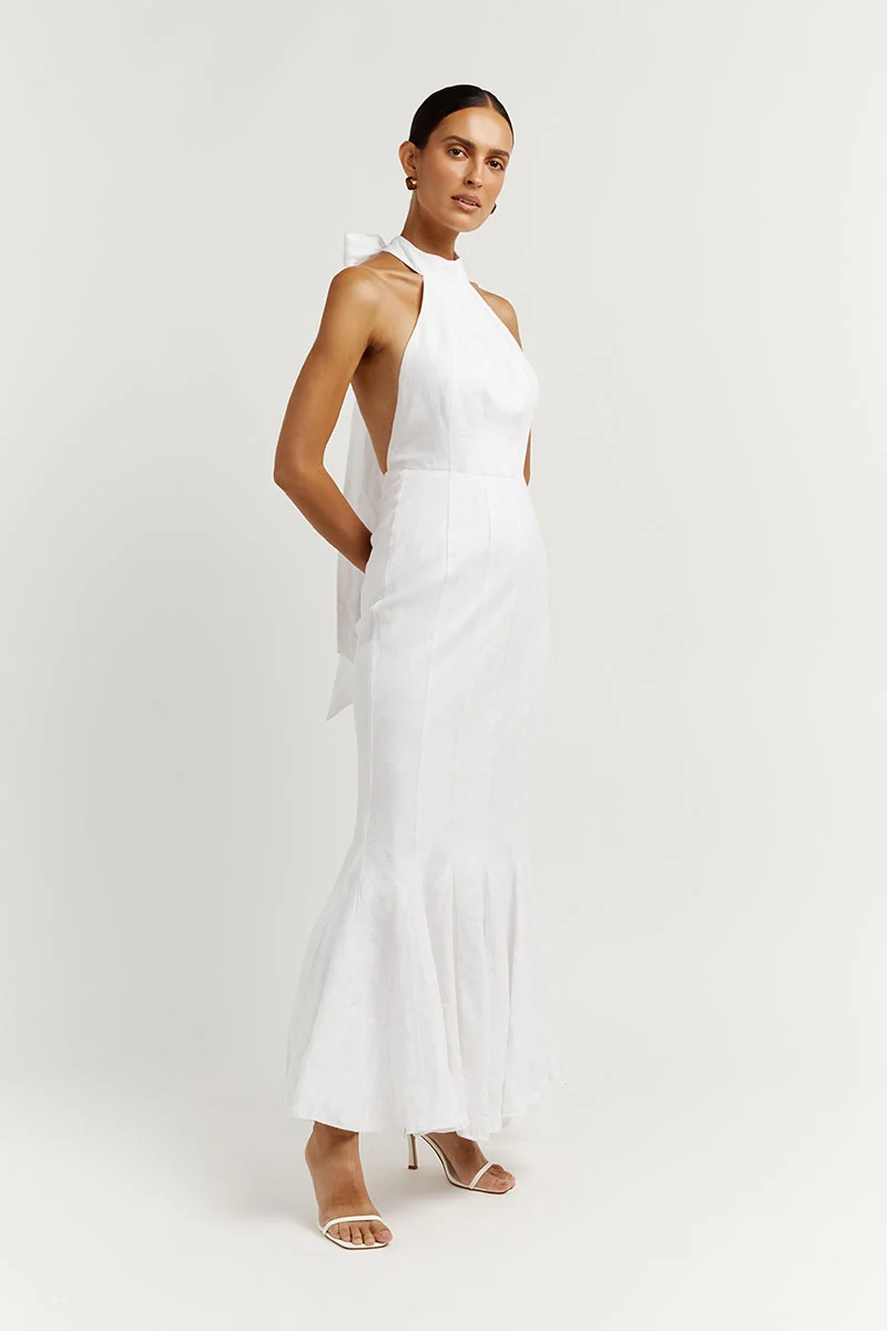 AISLE WHITE LINEN HIGH NECK DRESS