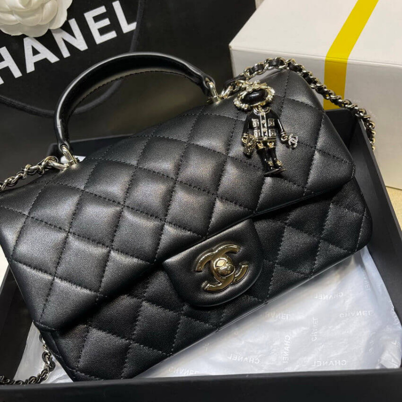 Replica Chanel Lambskin Mini Flap Bag With Top Handle Black As2431 With Charms1:1High-quality replica