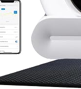 Smartphone with a fitness app interface featuring graphics and settings. White electronic device with a curved edge. Black textured mat or pad in the foreground.