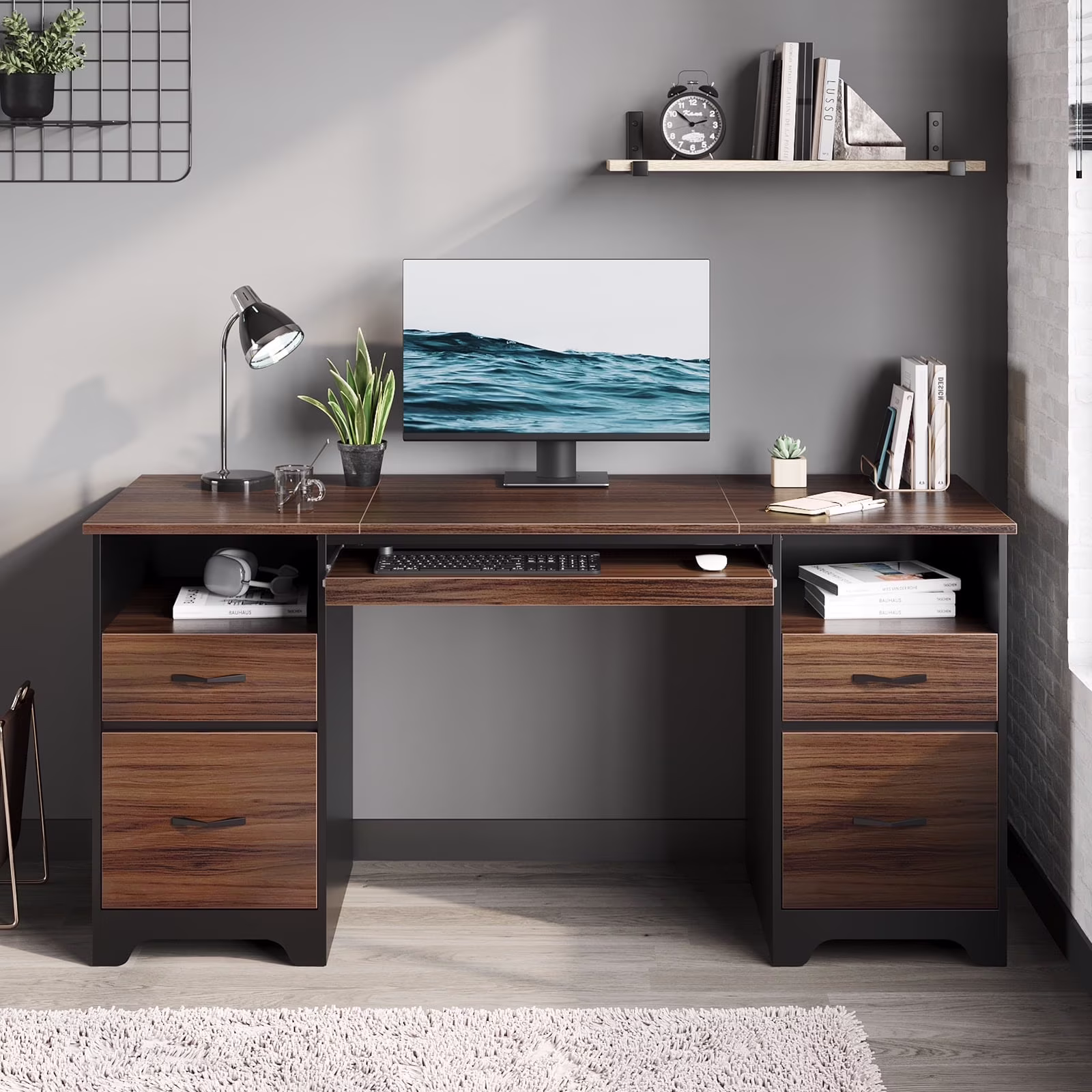 Bestier 59�� Computer Desk with 4 Drawers, Office Executive Desk with File Drawer, Keyboard Tray for Home Office, Gray - Image 3