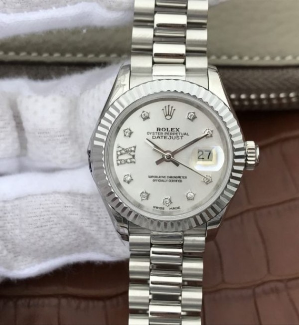 Replica Rolex DateJust 28mm Fluted Bezel White Dial Diamonds Rome Markers Bracelet A2236 - Elite Watch Atelier