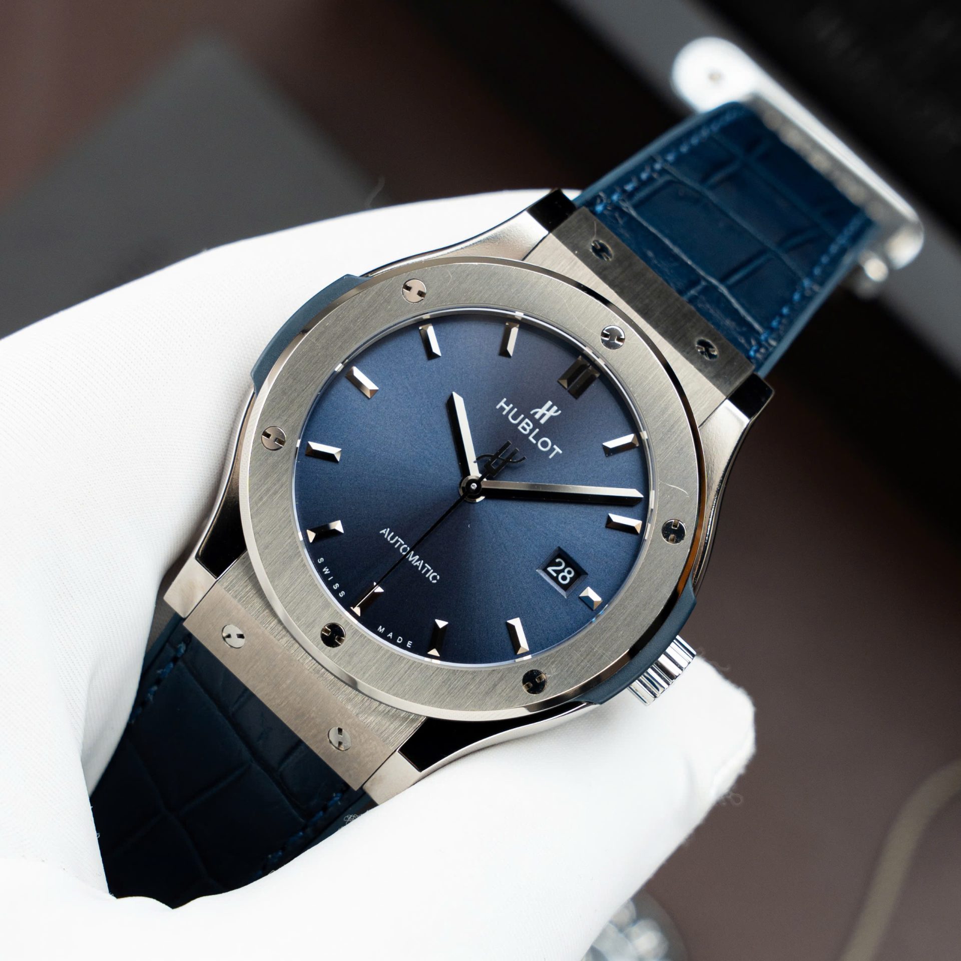 Hublot Classic Fusion Titanium Blue Replica Watches Movement SW300 Crocodile Leather Strap 42mm - Top club