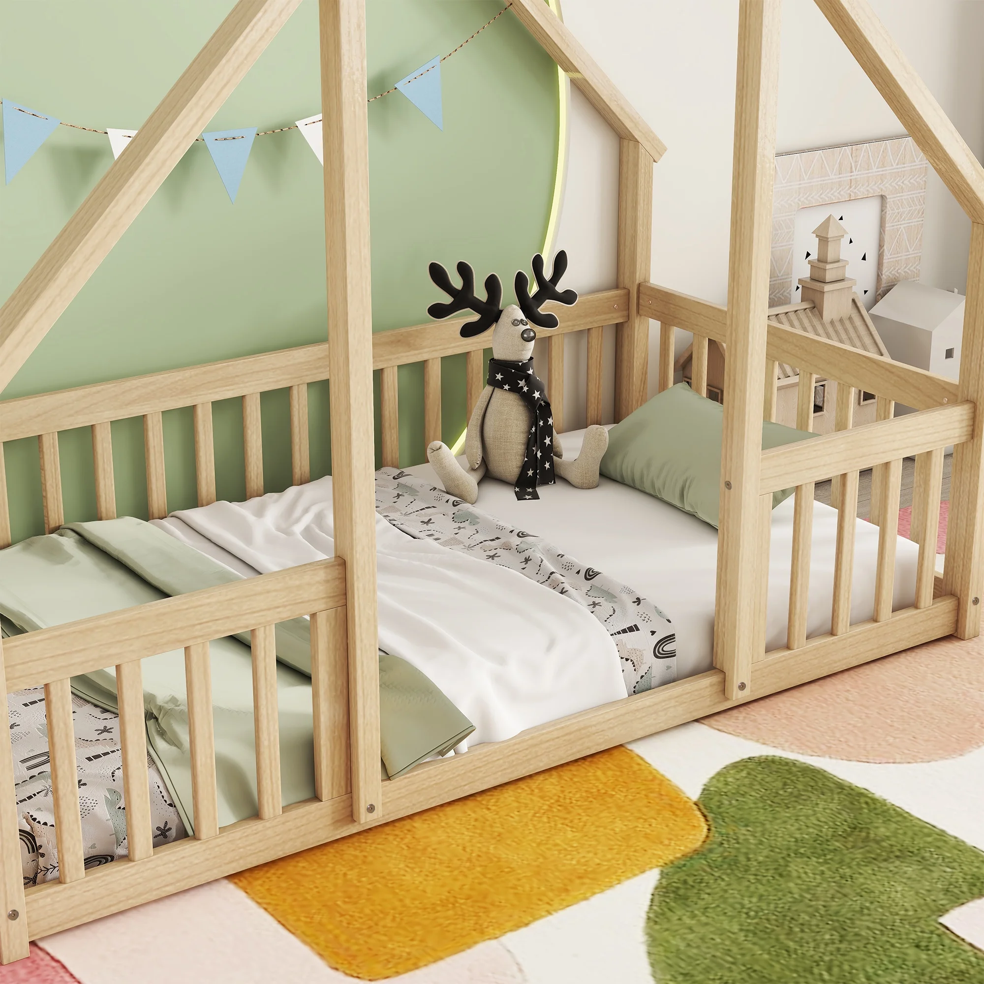 Bellemave Twin Size Floor Bed Frame, Wooden House Bed Twin Size with Fence, Montessori Bed with Guardrails for Bedroom (White) - Image 38