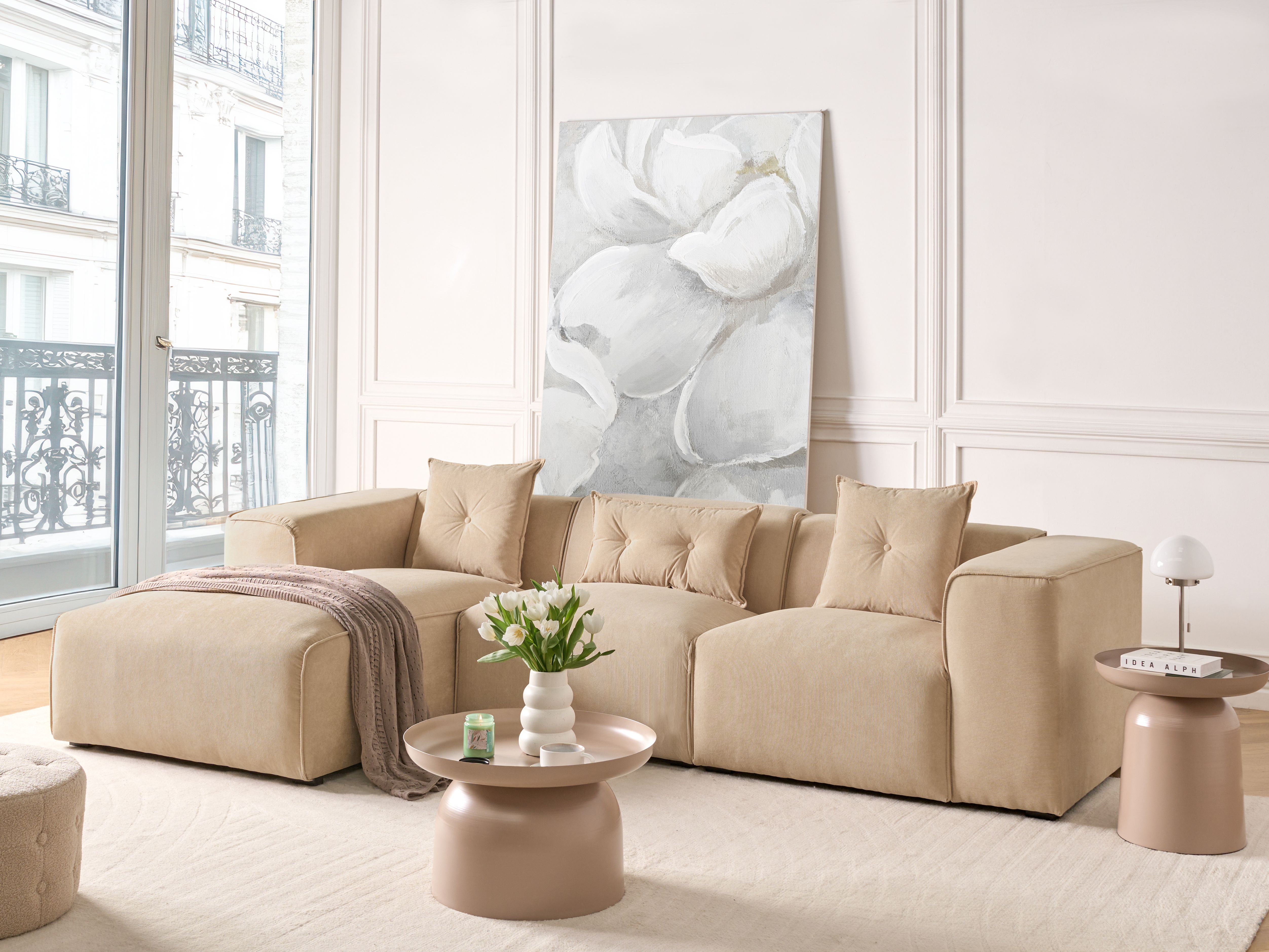 Corner Sofa 3 Seater DOLVA Corduroy Beige Right Hand