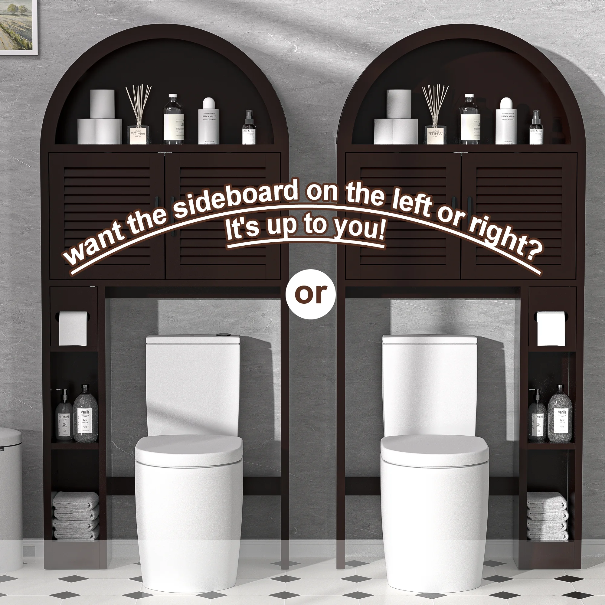 HARIPUL Over The Toilet Storage Cabinet w/ Unique Wood Grain & Arc Design, Freestanding Bathroom Shelf Organizer Space Saver w/ Doors & Anti-Tip Device, Wood Color - Image 48