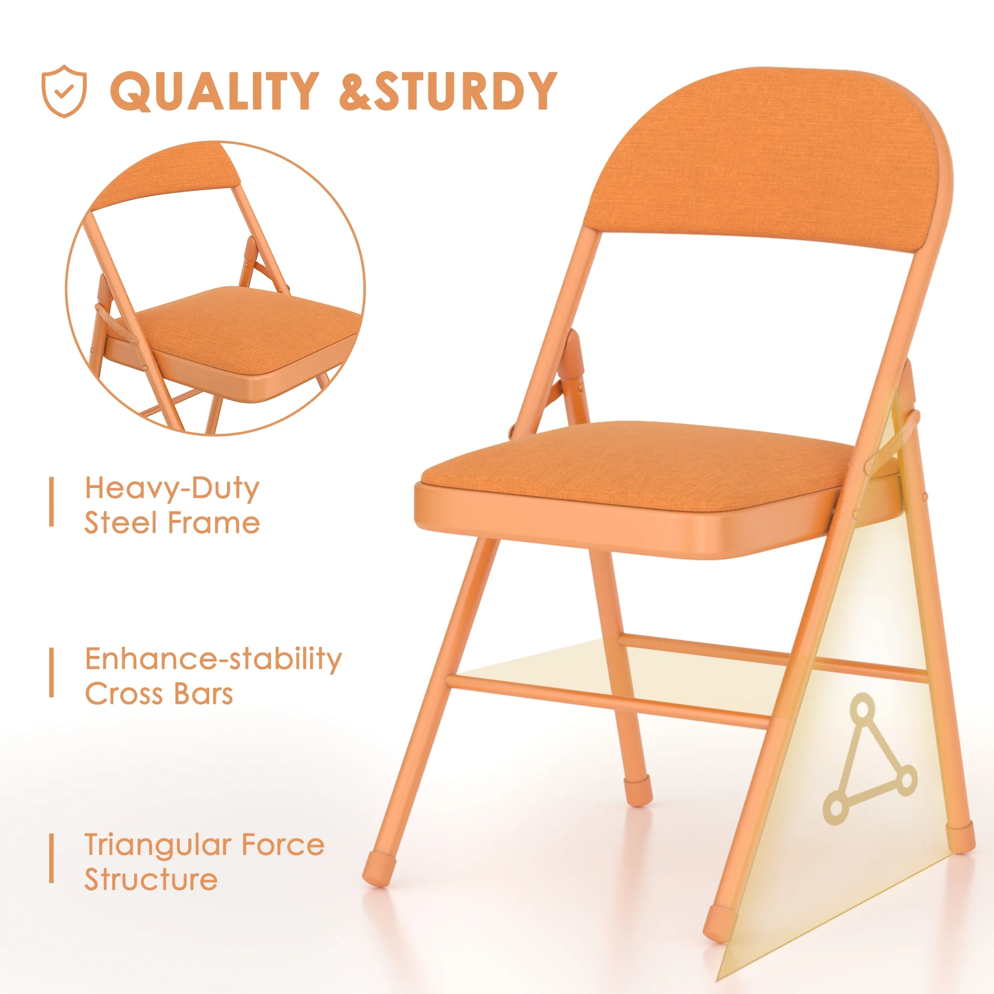 VECELO Set of 4 Folding Chairs, Fabric Dining Chair Set with Padded Cushion and Back, Indoor Outdoor Upholstered Seat with Metal Frame for Home Office Events Wedding Party, Orange - Image 12