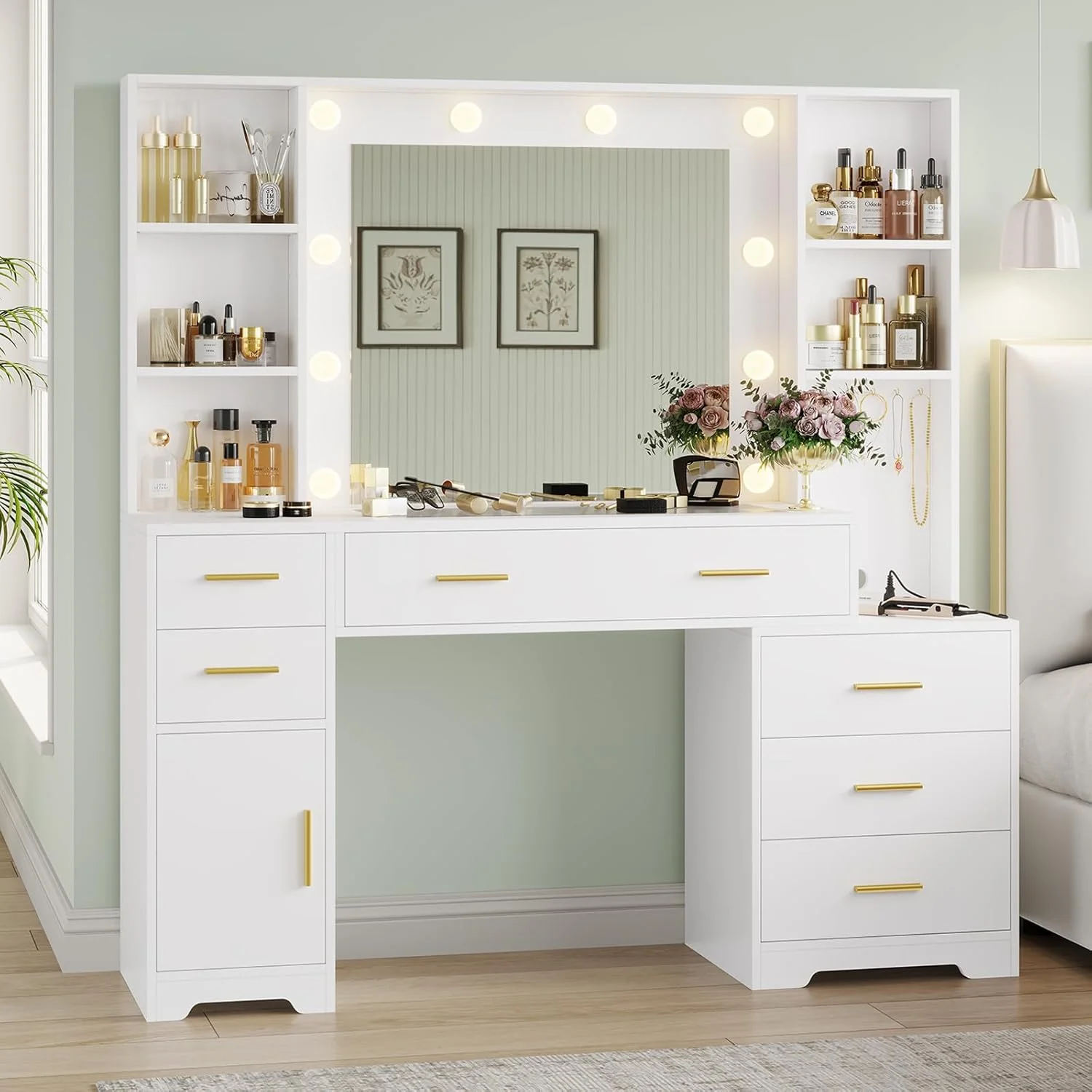 Makeup Vanity Desk with Lighted Mirror & Charging Stations & 6 Drawers Large Vanity Table Bedroom Dressing Table with Glass Tabletop&Side Cabinet&Glass Tabletop, Black - Image 31