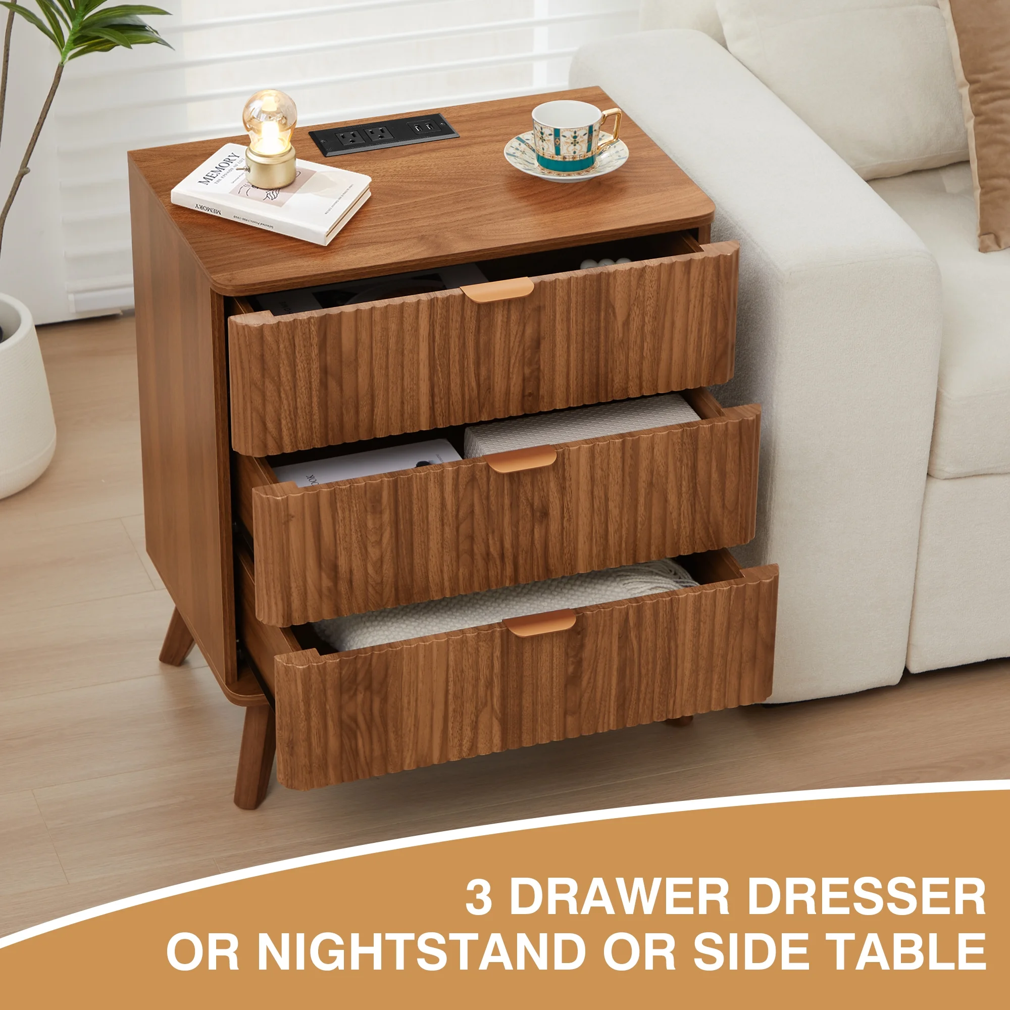 YOCWO Fluted Nightstand for Bedroom Set of 2 , Wood Bedside Table Set of 2 with Drawers, Black - Image 43