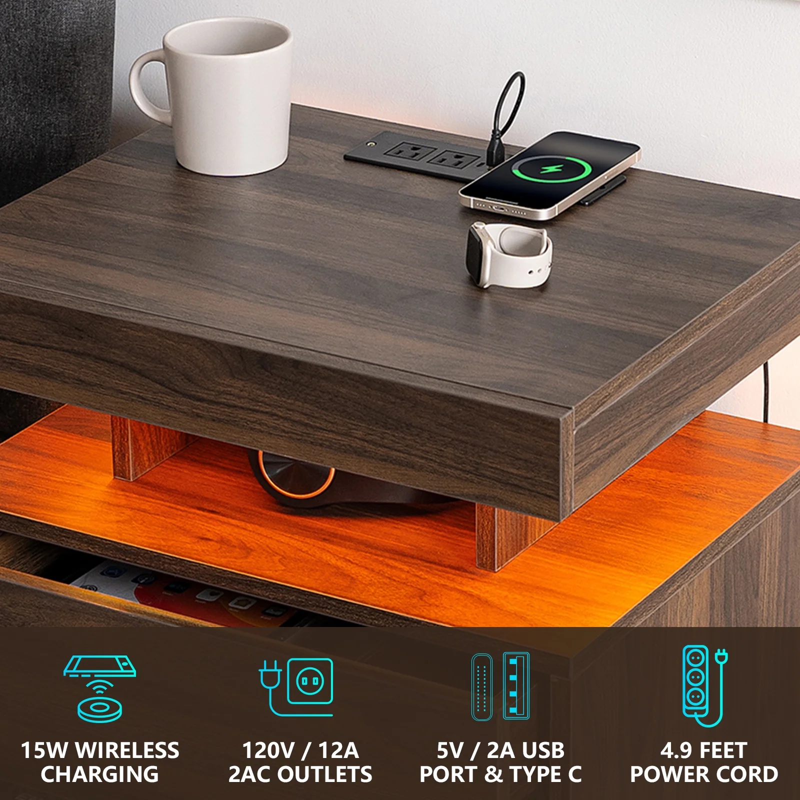 Hommpa LED Nightstand Wireless Charging Station USB Type C Outlets Bedside Table 3 Drawers Black Night Table Modern Smart Nightstand High Gloss End Side Table for Bedroom Furniture 26.8" Tall - Image 15