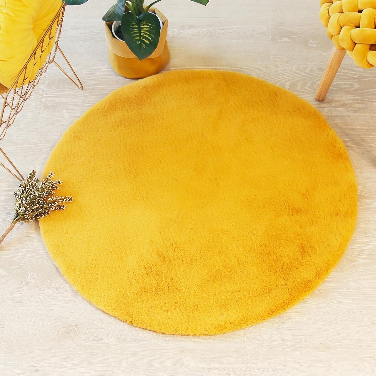 Fur effect round rug Mustard yellow, D.80 cm