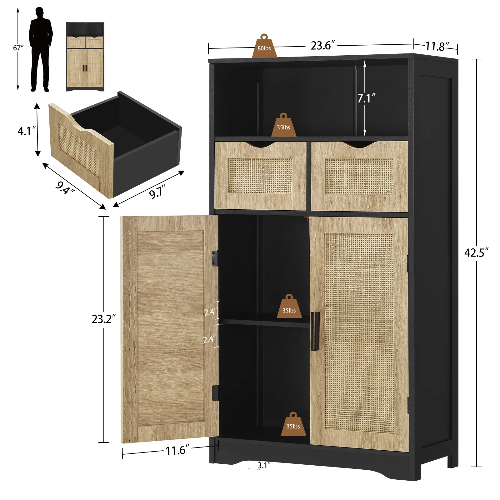 FANGSUM Rattan Storage Cabinet with 2 Drawers & 2 Shelves, Floor Cabinet for Living Room - Image 38