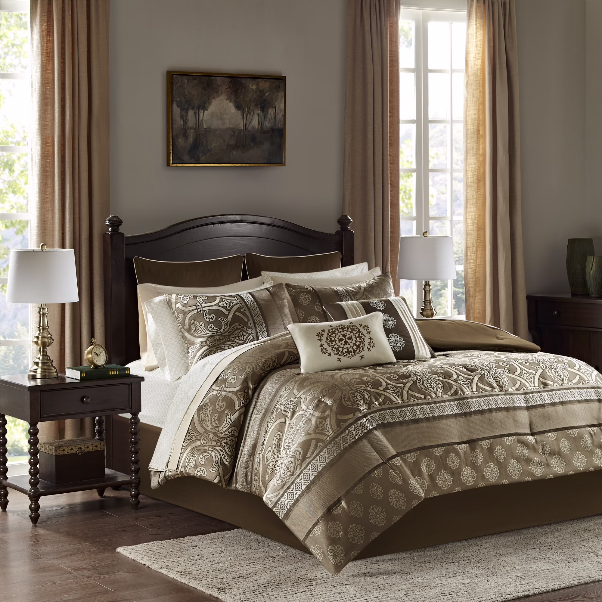 Home Essence Dennie 16 Piece Jacquard Complete Bedding Set With 2 Sheet Sets, King, Brown