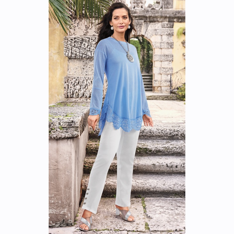 Shania Long-Sleeve Tunic with Scalloped Crochet Edges - MIDNIGHT VELVET CATALOG