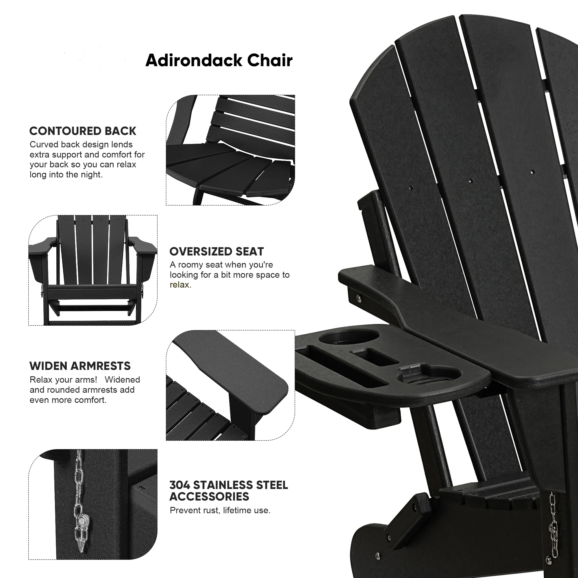 FOOWIN HDPE Plastic Adirondack Chairs Set of 4, Black - Image 4