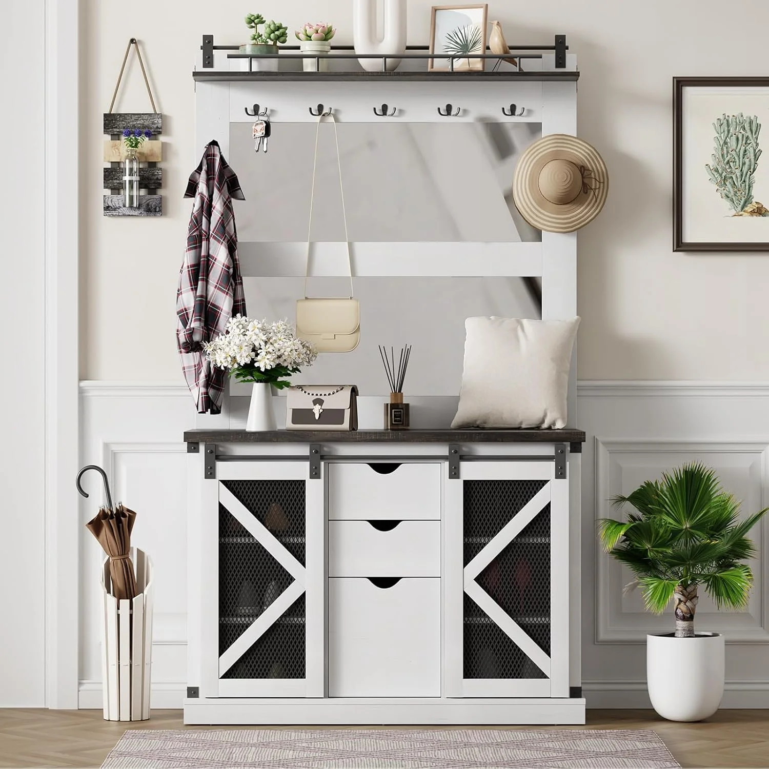 Hall Tree with Storage Bench and Shoe Cabinet, 3-in-1 Entryway Organizer with 7 Hooks, Drawers, and Mirrors, White