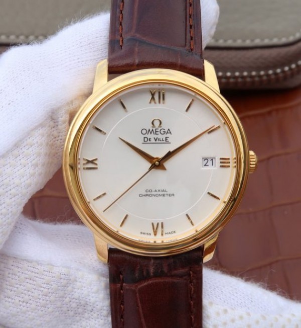 Replica Omega MKF De Ville 37mm YG White Dial YG Markers Leather Strap A2892 - Elite Watch Atelier